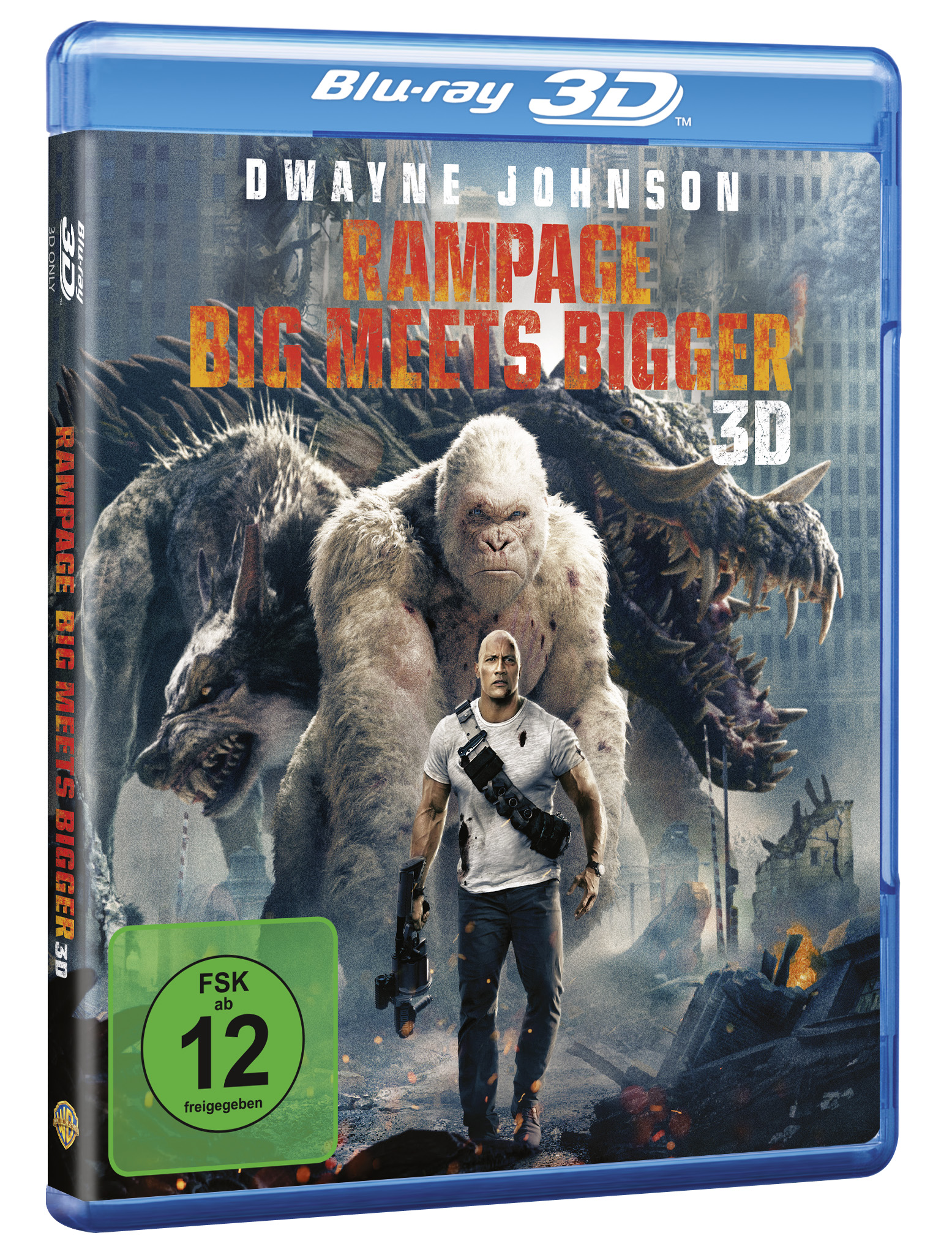 Filmcover von Rampage mit Dwayne Johnson, einem Gorilla und einem Wolf.