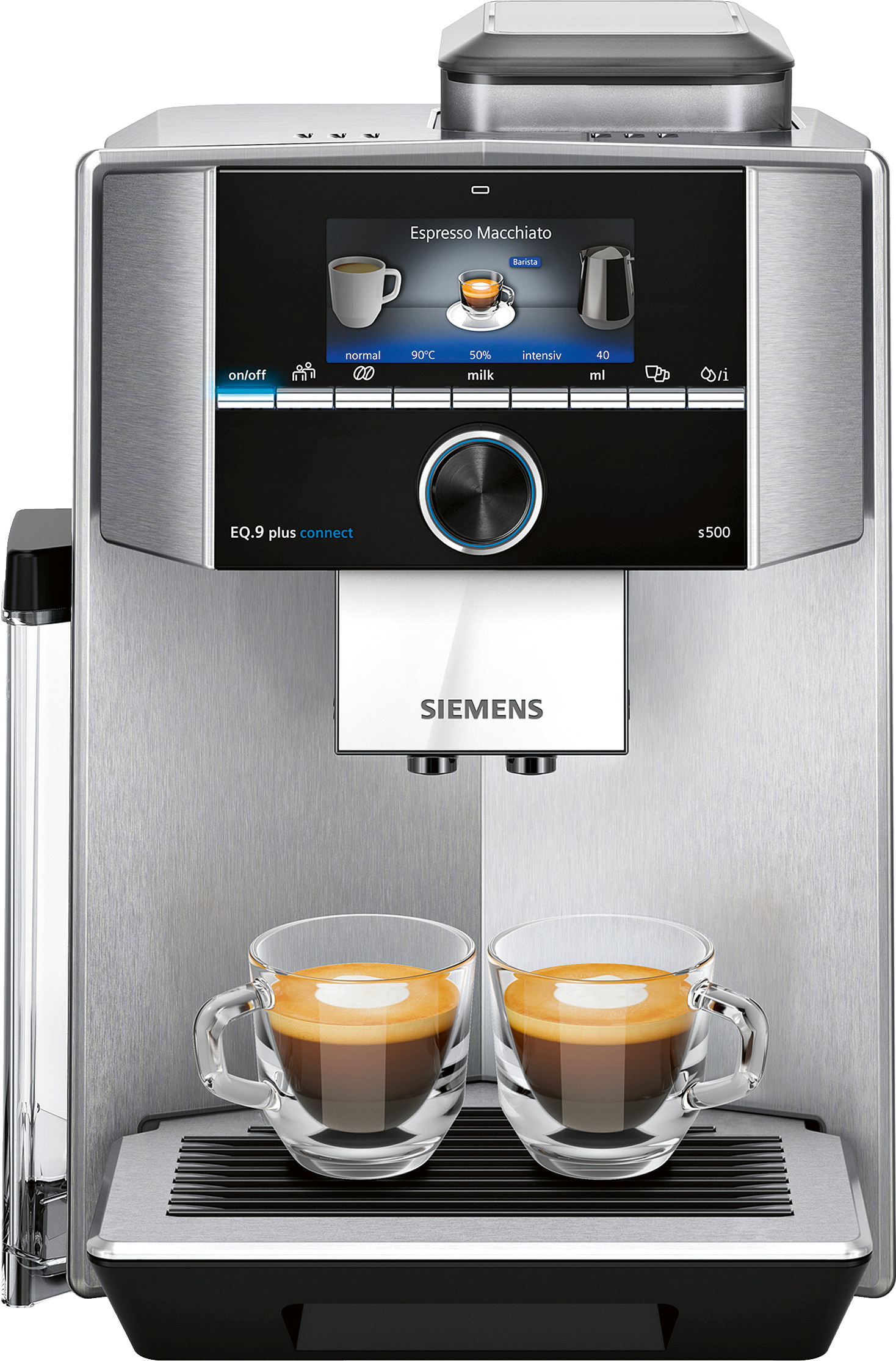Eine silber-schwarze Espressomaschine mit Display und zwei Kaffeegläsern.