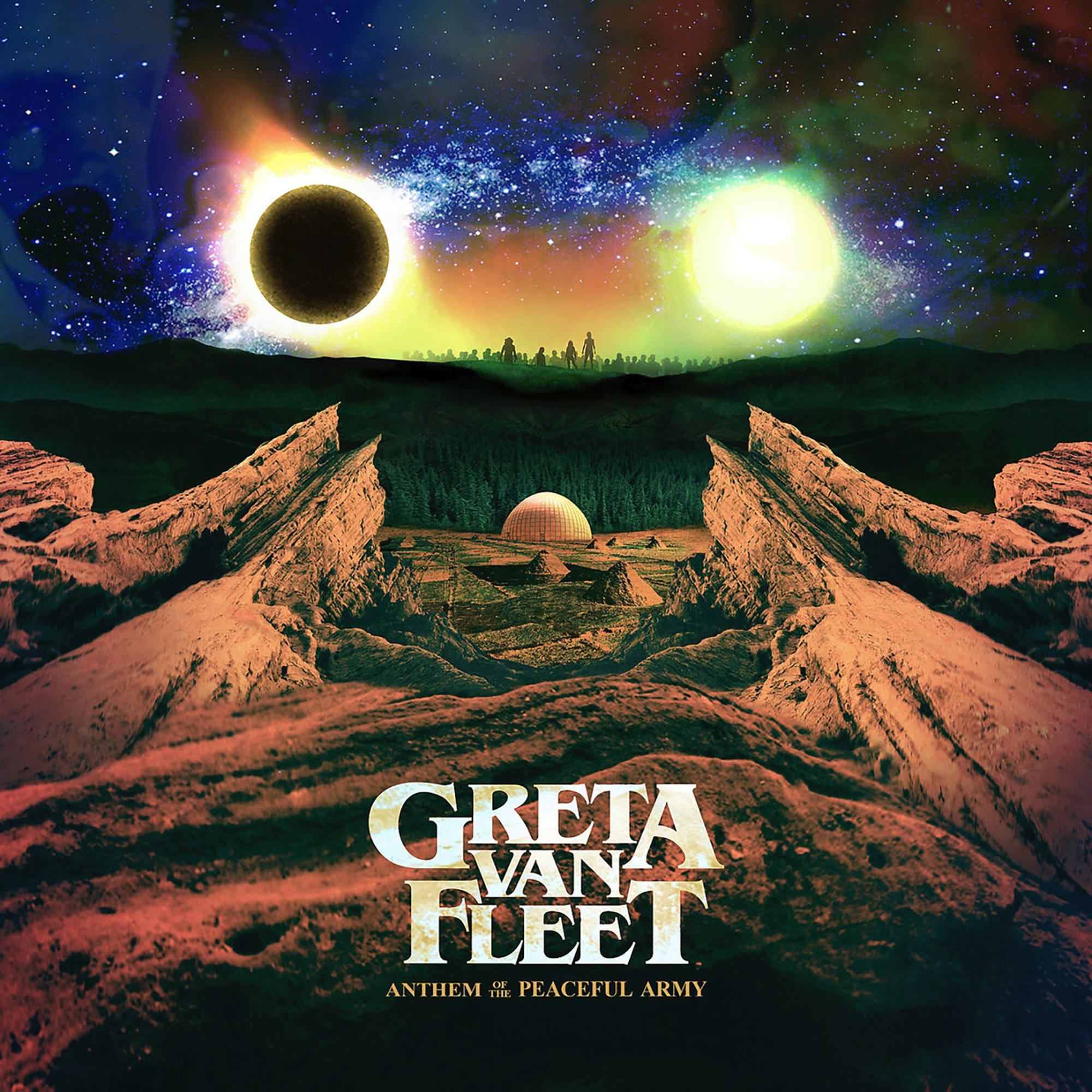Greta Van Fleet albumhoes. Landschap met twee zonnen, rotsformaties en figuren.