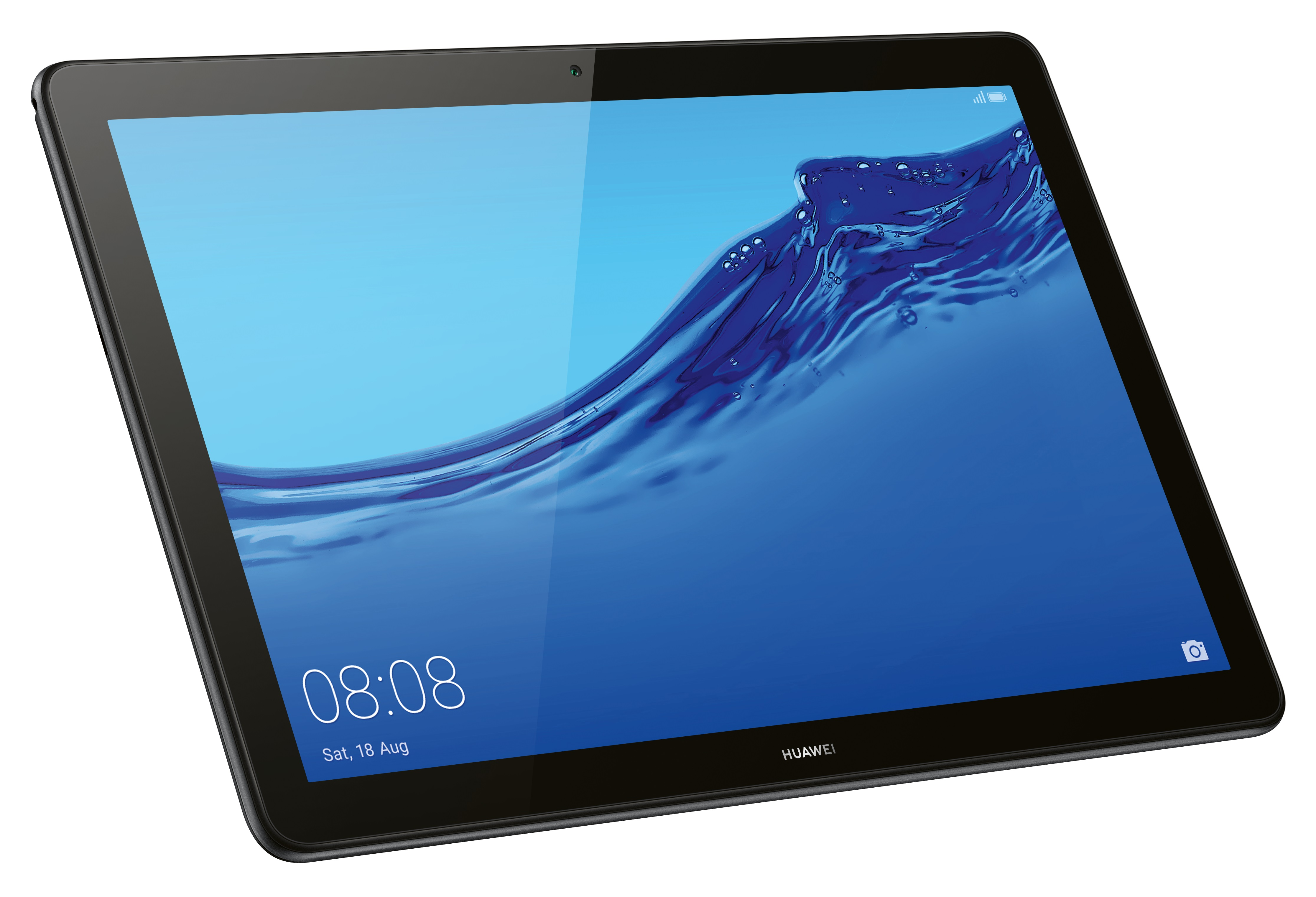 Tablette avec un cadre noir. L'écran affiche une surface d'eau bleue avec l'heure 08h08 et la date.