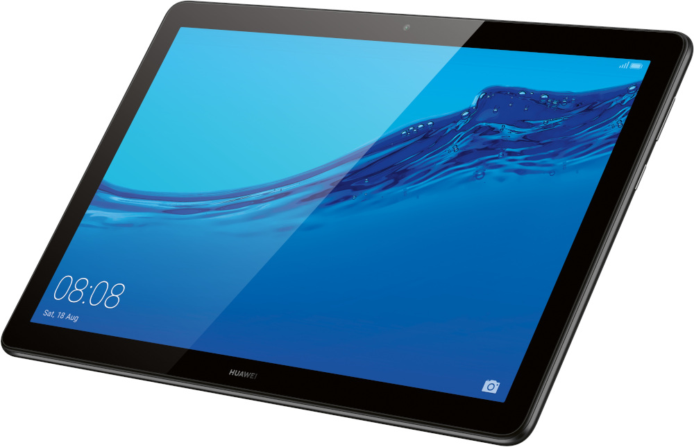 Tablette avec écran bleu sur le thème de l'eau, cadre noir, logo Huawei.