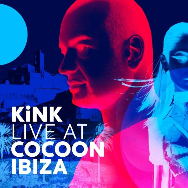 KINK Live at Cocoon Ibiza Poster. Blau, Pink und Weiß mit Gesicht.