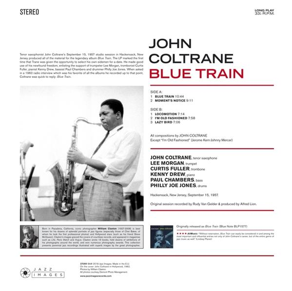 Albumcover von John Coltranes Blue Train, mit einem Foto von Coltrane beim Spielen.