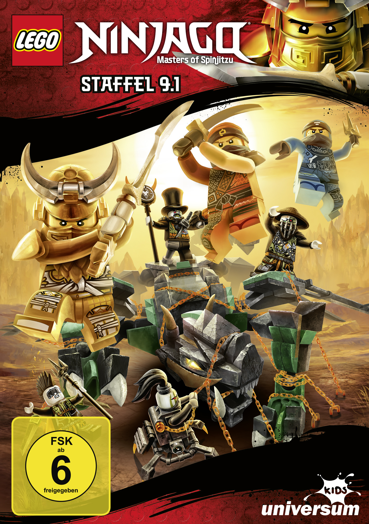 Lego Ninjago DVD-Cover. Mehrere Ninjago-Charaktere und eine große Maschine auf rotem Hintergrund.