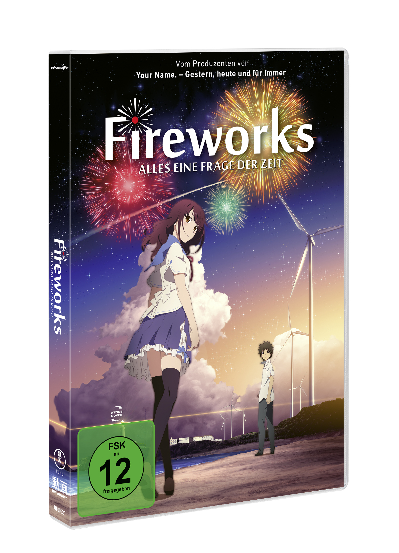 Anime-Filmcover 'Fireworks' zeigt ein Mädchen, einen Jungen, Feuerwerk und Windräder bei Sonnenuntergang. Grünes FSK-Logo.