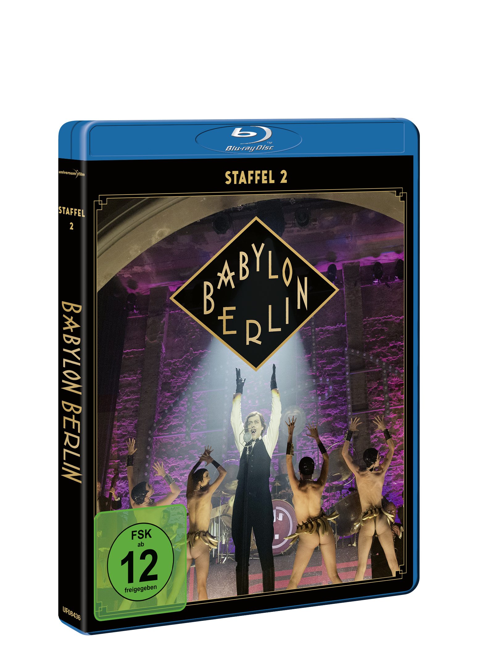 Babylon Berlin Blu-ray-Cover. Ein Darsteller auf der Bühne, mit Tänzern im Hintergrund, in einem blauen Gehäuse.