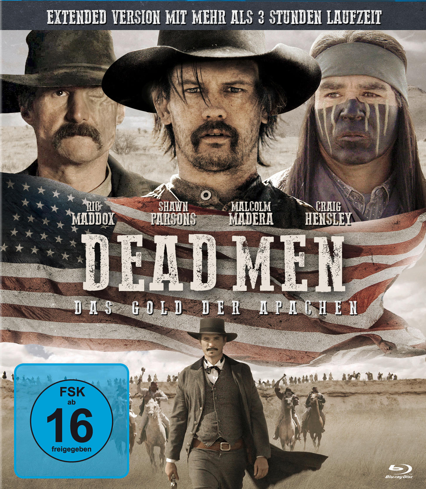 Filmposter: Dead Men, mit drei Männern vor der amerikanischen Flagge und einer Reitergruppe.