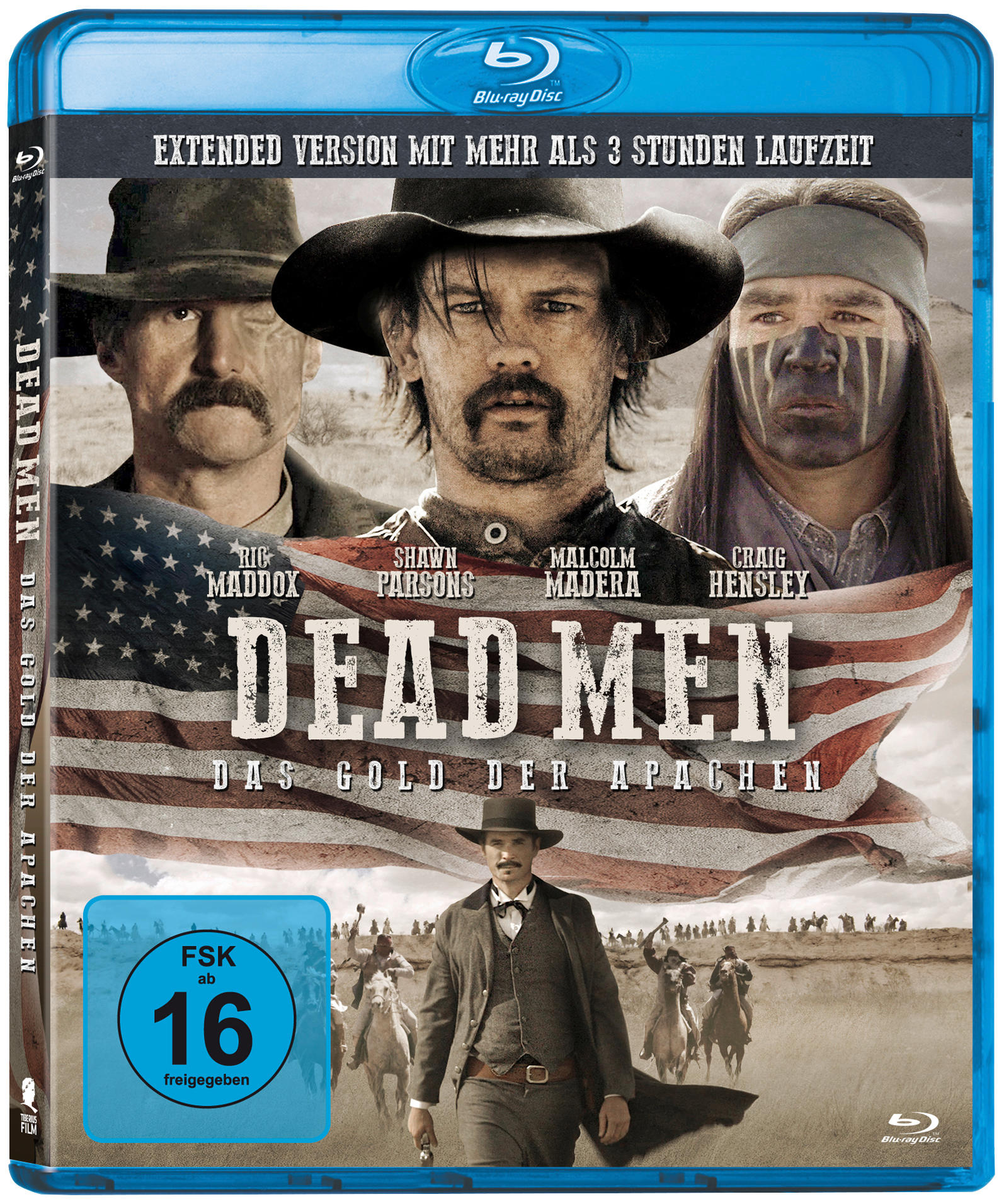 DVD-Hülle von "Dead Men" mit drei Männern, Flagge und Pferden auf dem Cover.