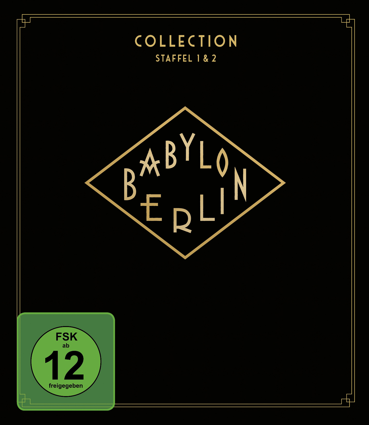 Babylon Berlin, Collection, Staffel 1 & 2 DVD-Box-Set. Goldener Text auf schwarzem Hintergrund. FSK 12.