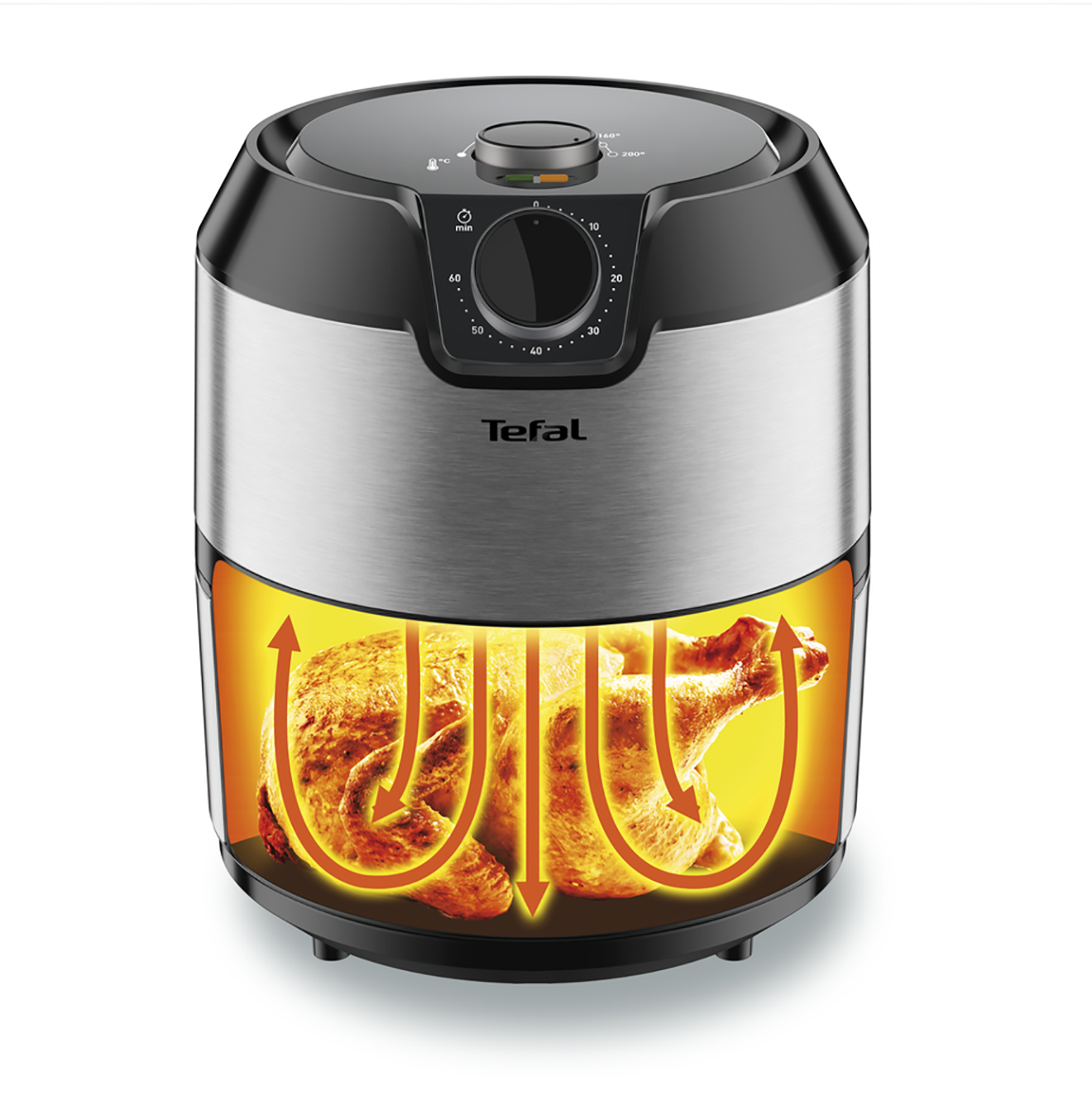 Air fryer with chicken inside. Silver exterior and black top. Arrows indicate the cooking process.