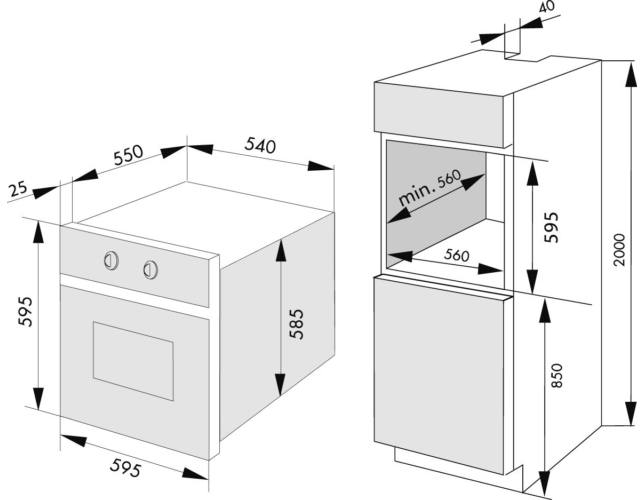 Sütő és mikrohullámú sütő diagramja. Méreteket, vonalakat és méréseket mutat.