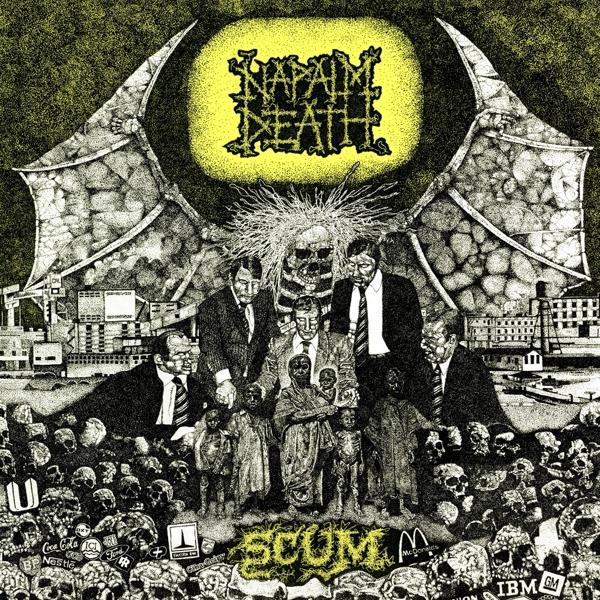 Albumcover mit gelbem Hintergrund, Totenkopf, Figuren und dem Bandnamen Napalm Death.