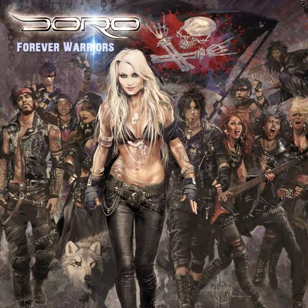 Doro 'Forever Warriors' Albumcover. Personengruppe, Frau in der Mitte, Fahne.