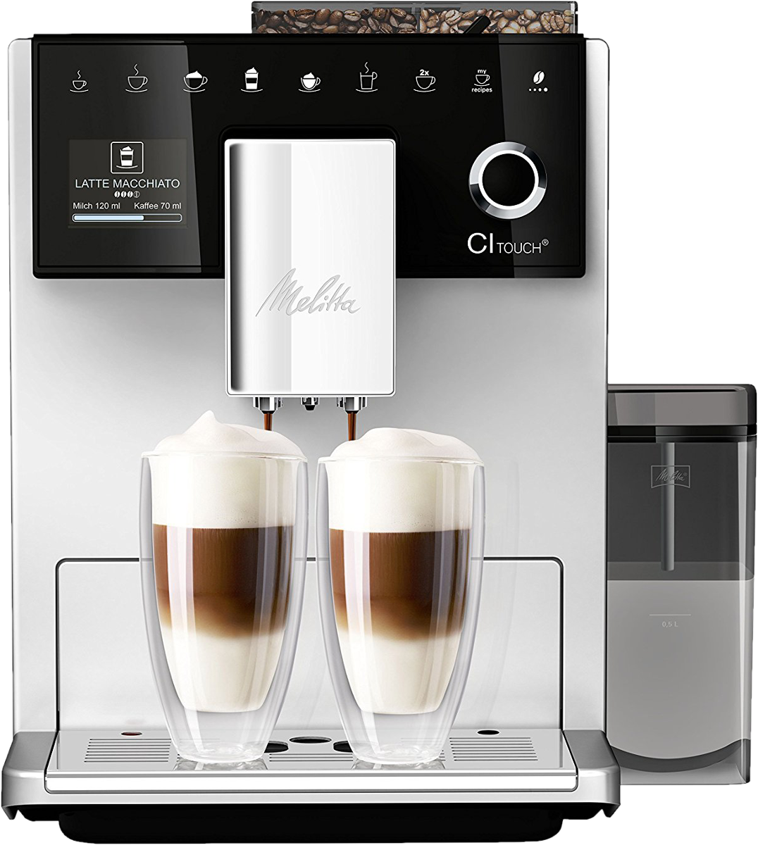 Kaffeemaschine, die Latte Macchiato zubereitet. Zwei Gläser des Getränks werden gefüllt, mit einem Milchbehälter.