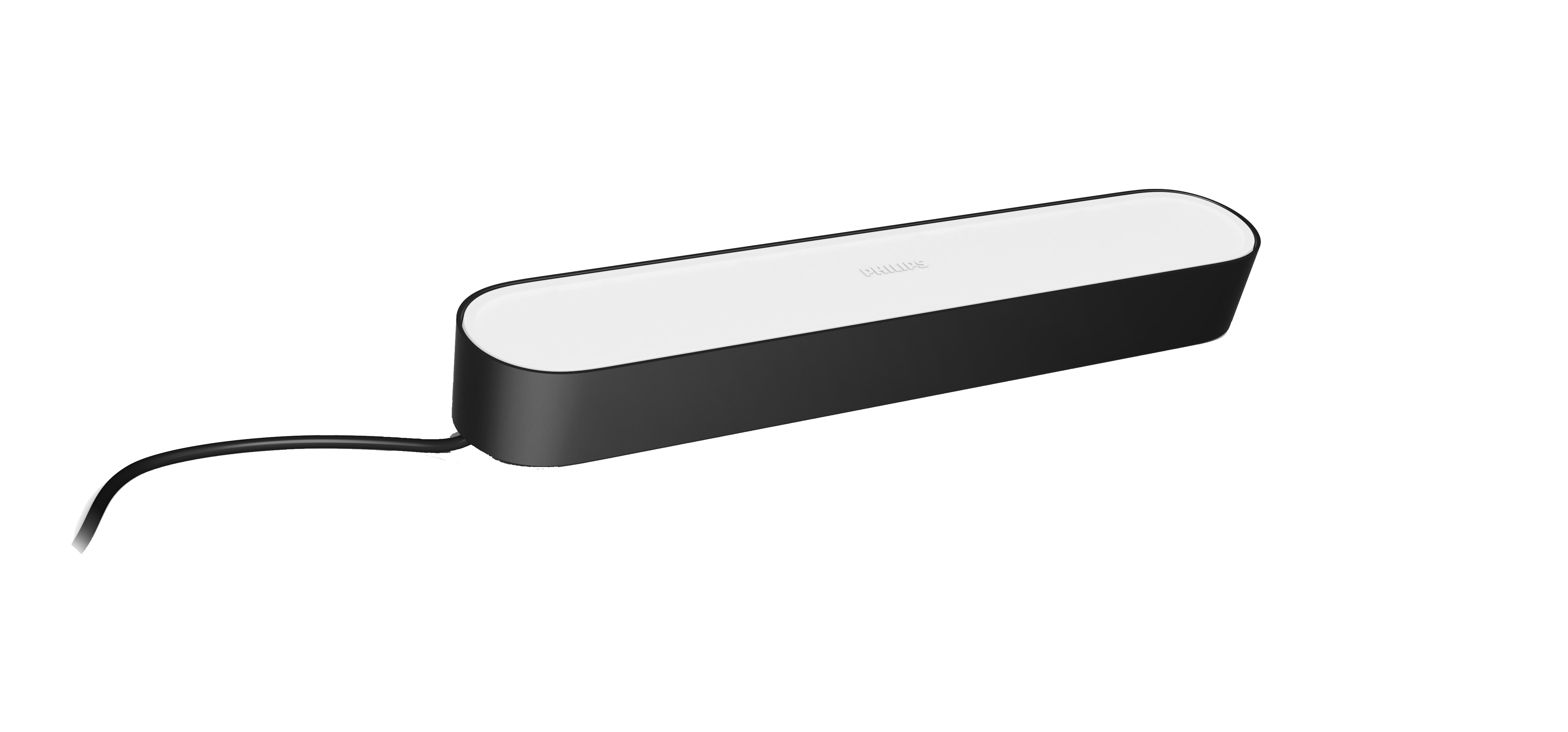 Black and white Philips Hue Play light bar with a black power cord.