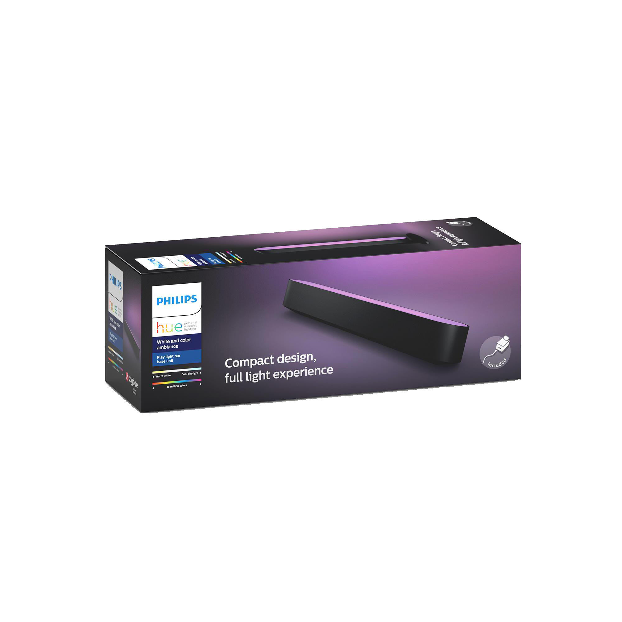 Philips Hue Play light bar kit box. The box has a black light bar and text about its features.