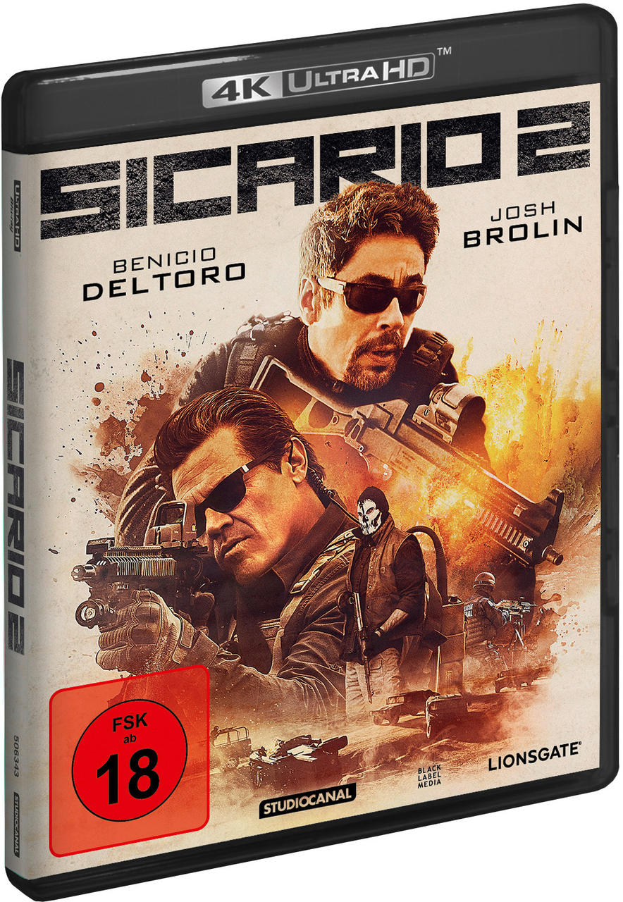 DVD-Cover von Sicario 2 mit Benicio Del Toro und Josh Brolin. Enthält Bewertung und Titel.