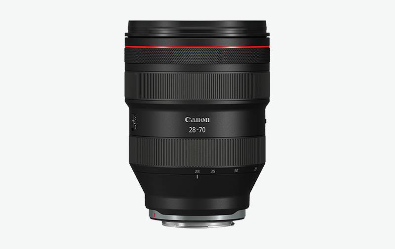 Canon 28-70 Kameraobjektiv, schwarz mit rotem Ring oben.