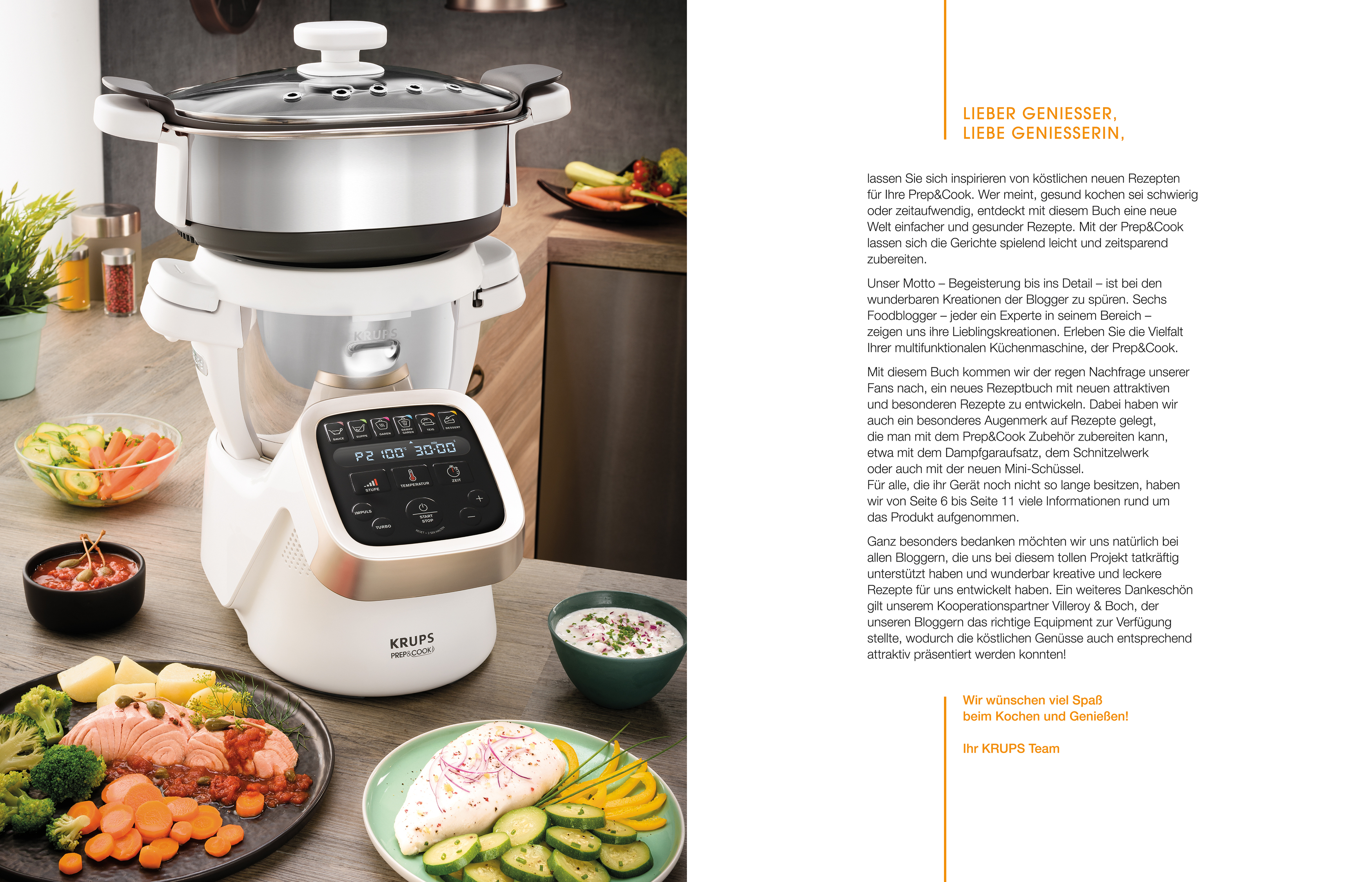 Weißer und silberner Krups Prep&Cook-Küchenroboter mit Essen auf dem Tisch. Text rechts.