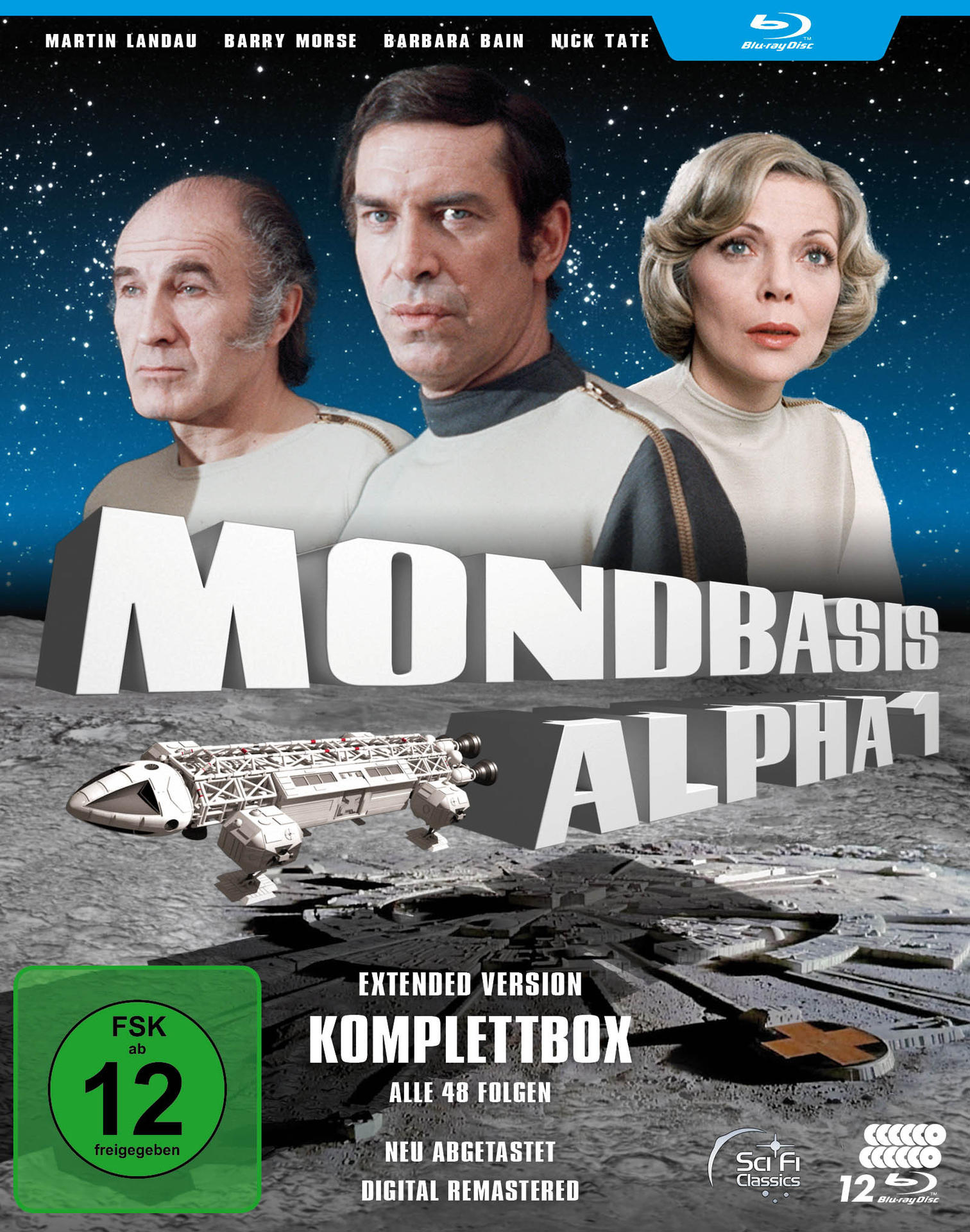 DVD-Hülle für den Film Mondbasis Alpha 1 mit Schauspielern auf dem Cover. Blauer Hintergrund.
