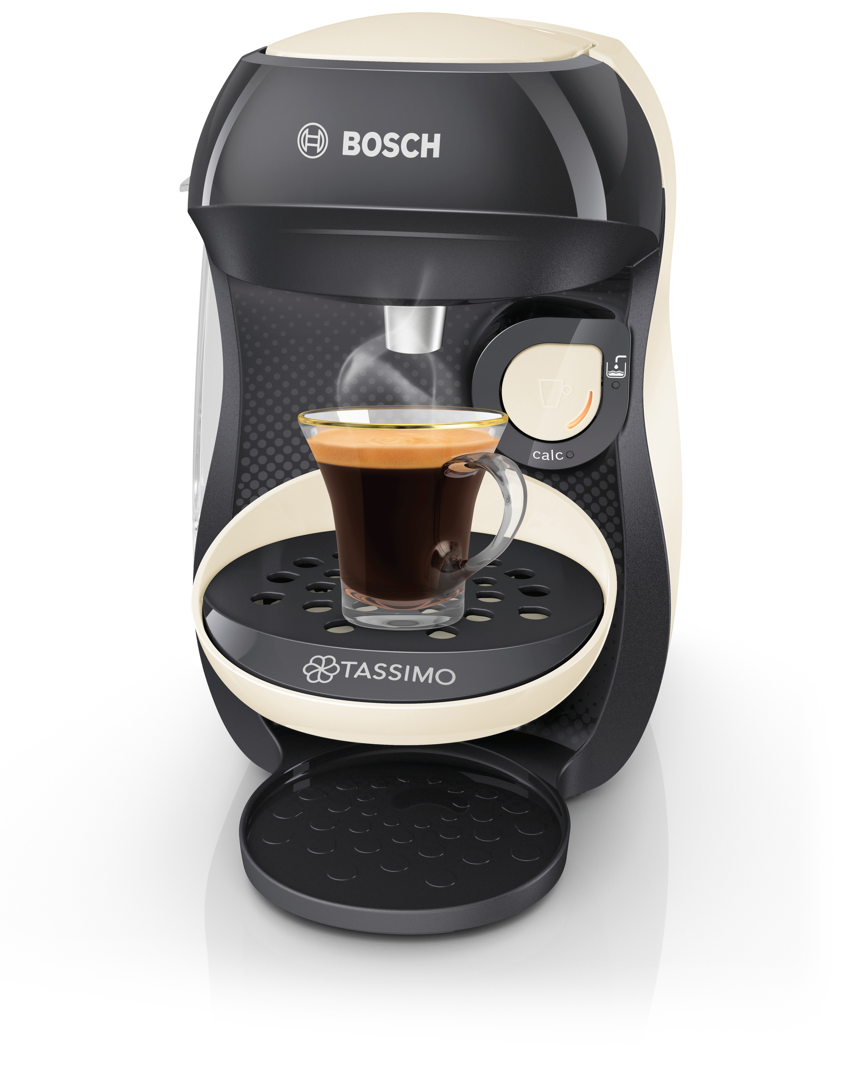 Bosch Tassimo Kaffeemaschine, schwarz und cremefarben, mit einem Glas Kaffee.