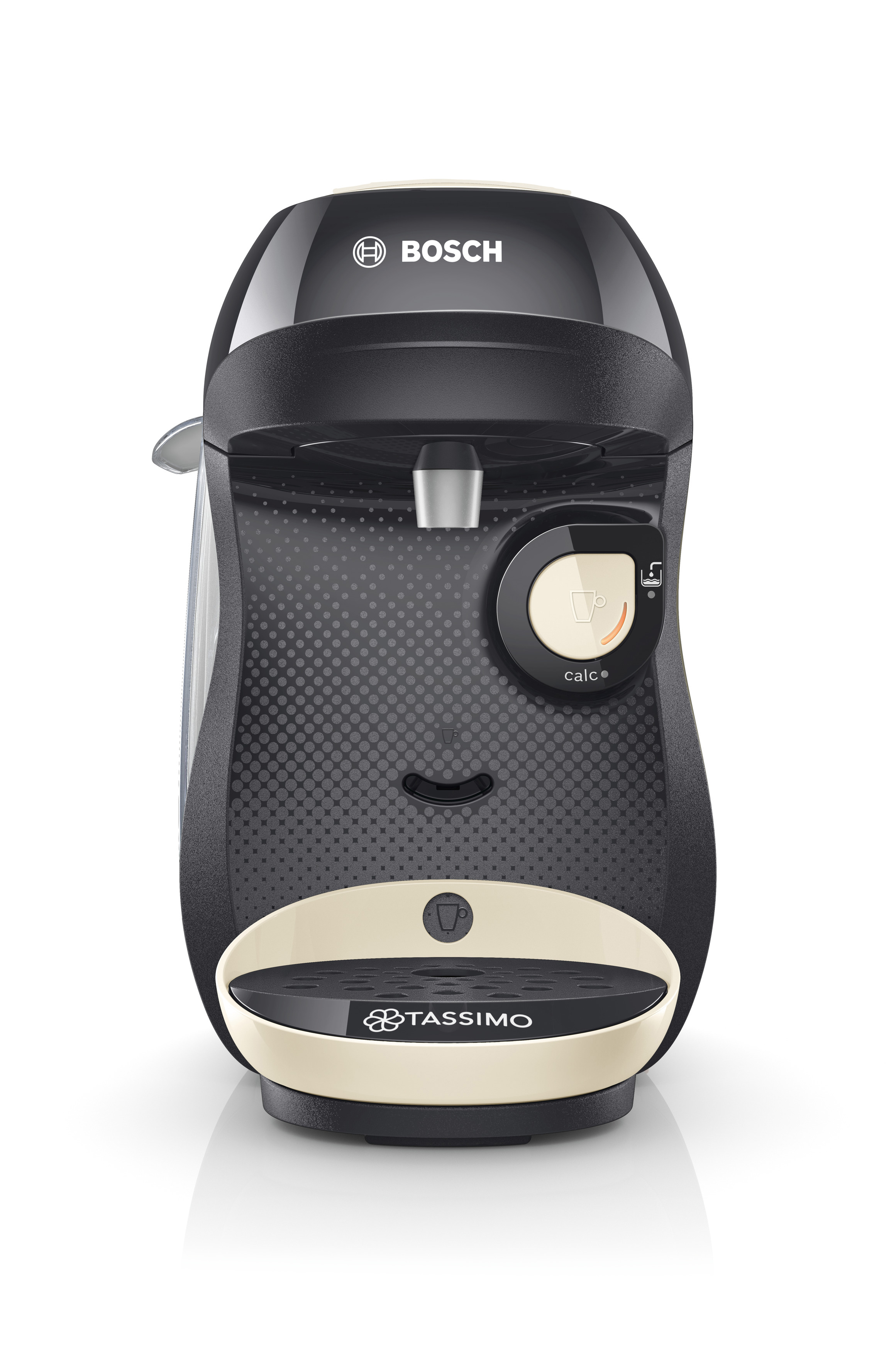 Schwarz-cremefarbene Bosch Tassimo Kaffeemaschine.
