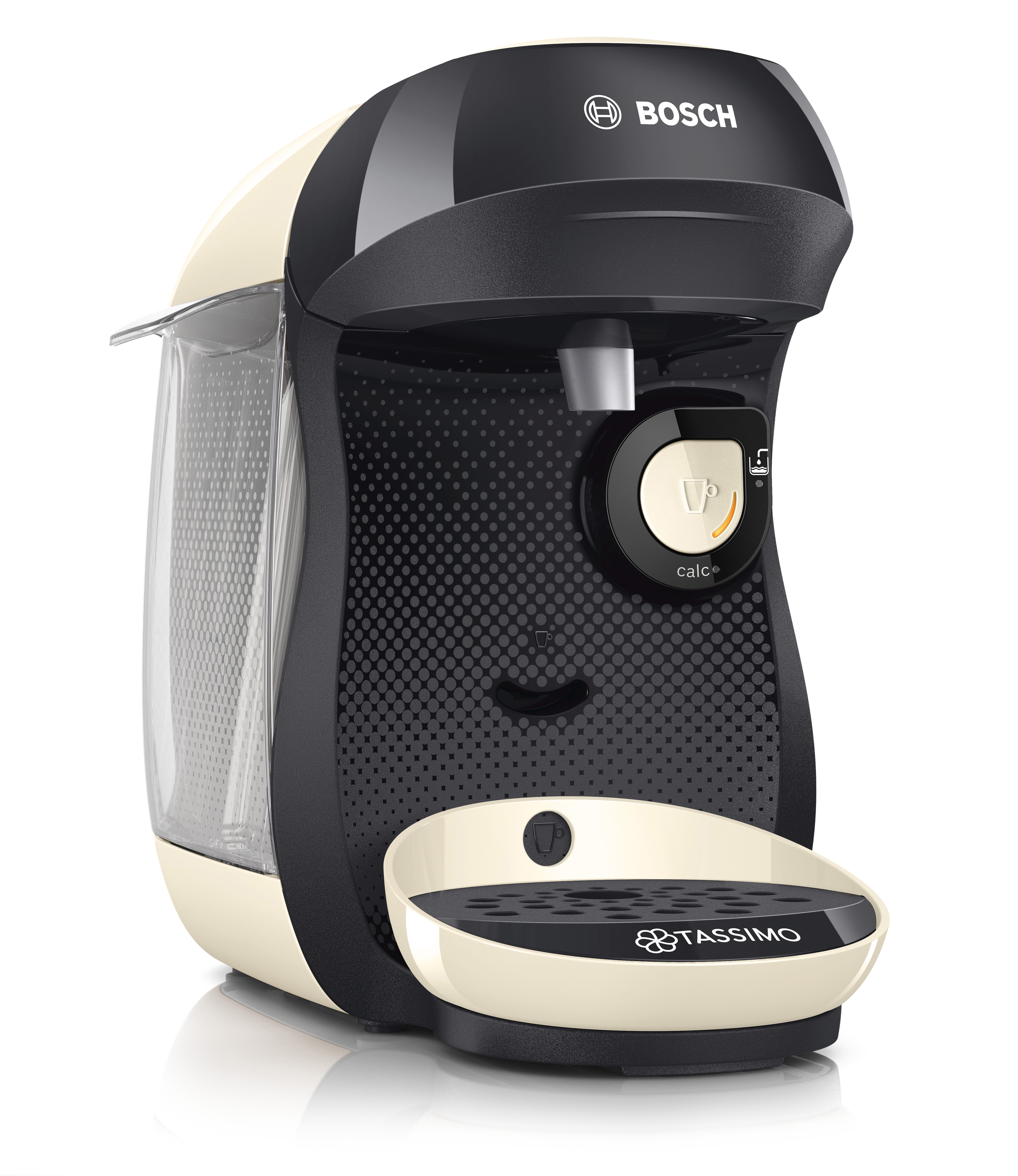 Eine weiß-schwarze Kaffeemaschine mit einem Wasserbehälter und einer Tassentaste.