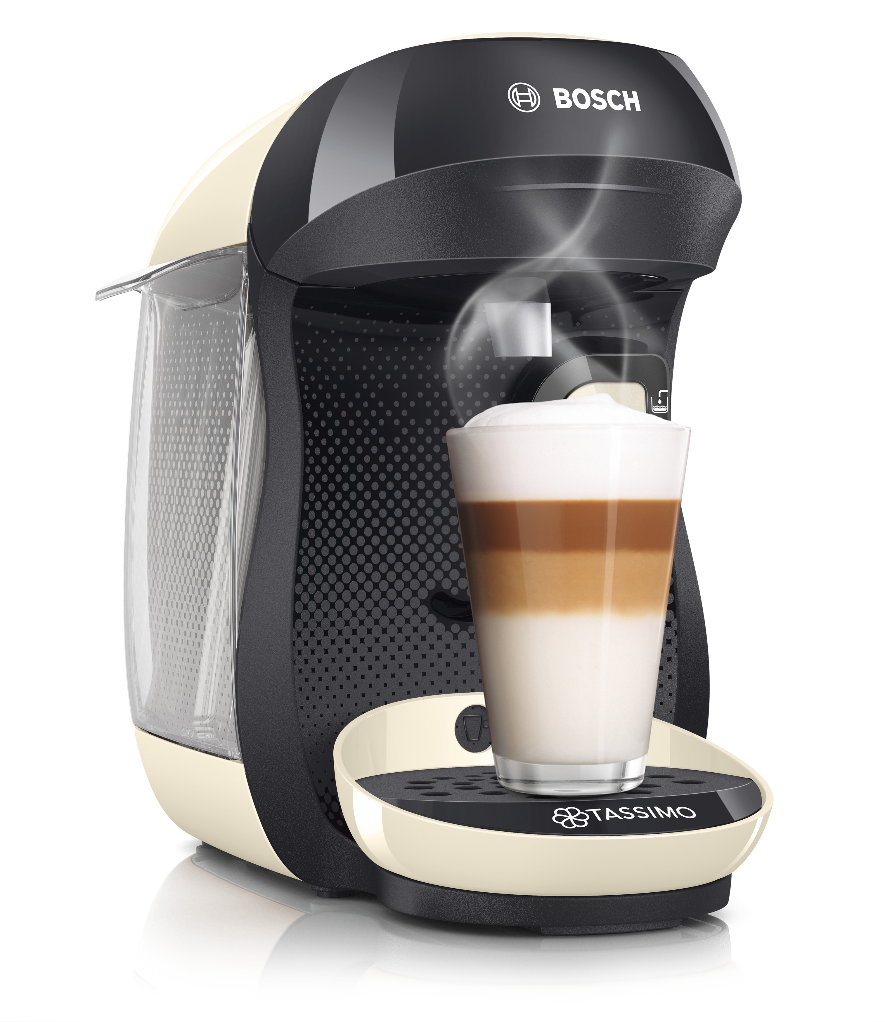 Creme-schwarze Bosch Tassimo Kaffeemaschine mit Latte Macchiato im Glas.