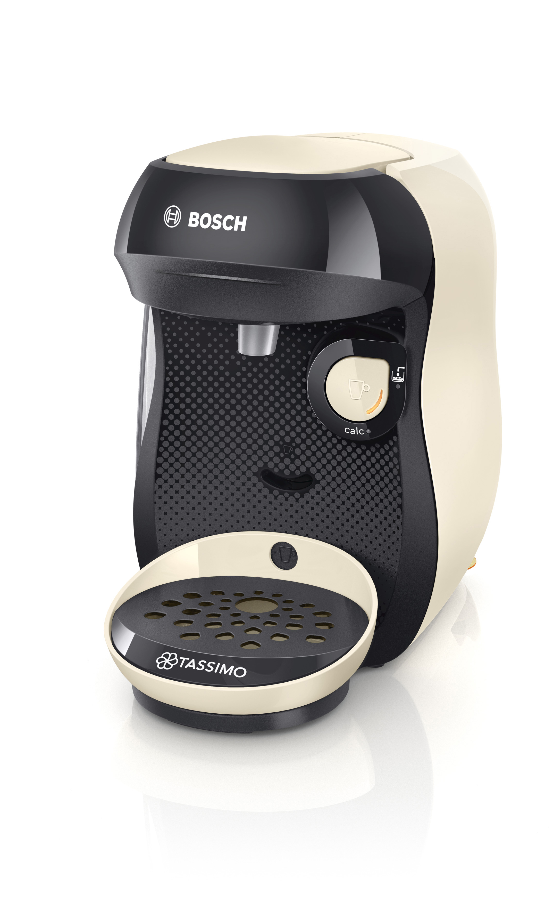 Creme- und schwarze Kaffeemaschine. Ein Tassimo-Logo ist sichtbar.