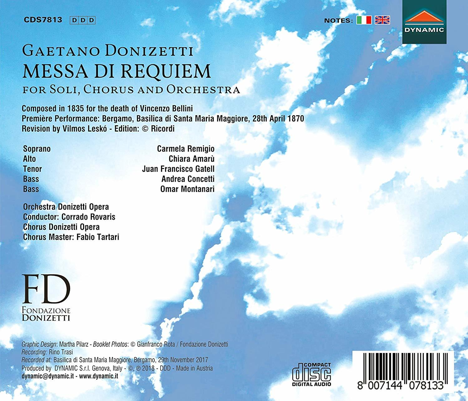 CD-Cover mit Text: Gaetano Donizetti, Messa di Requiem. Enthält Credits und einen Himmelhintergrund.