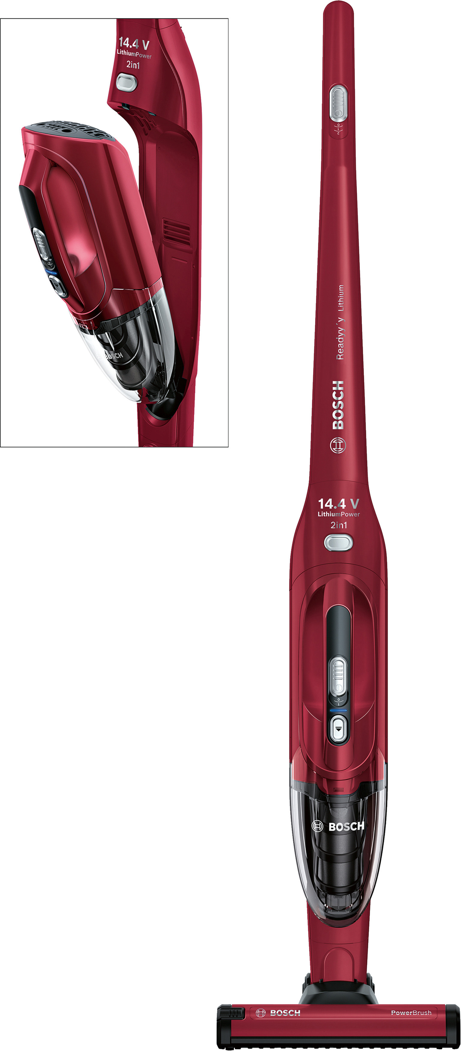 Roter kabelloser Staubsauger mit Einsatz des abgenommenen Handstaubsaugers.
