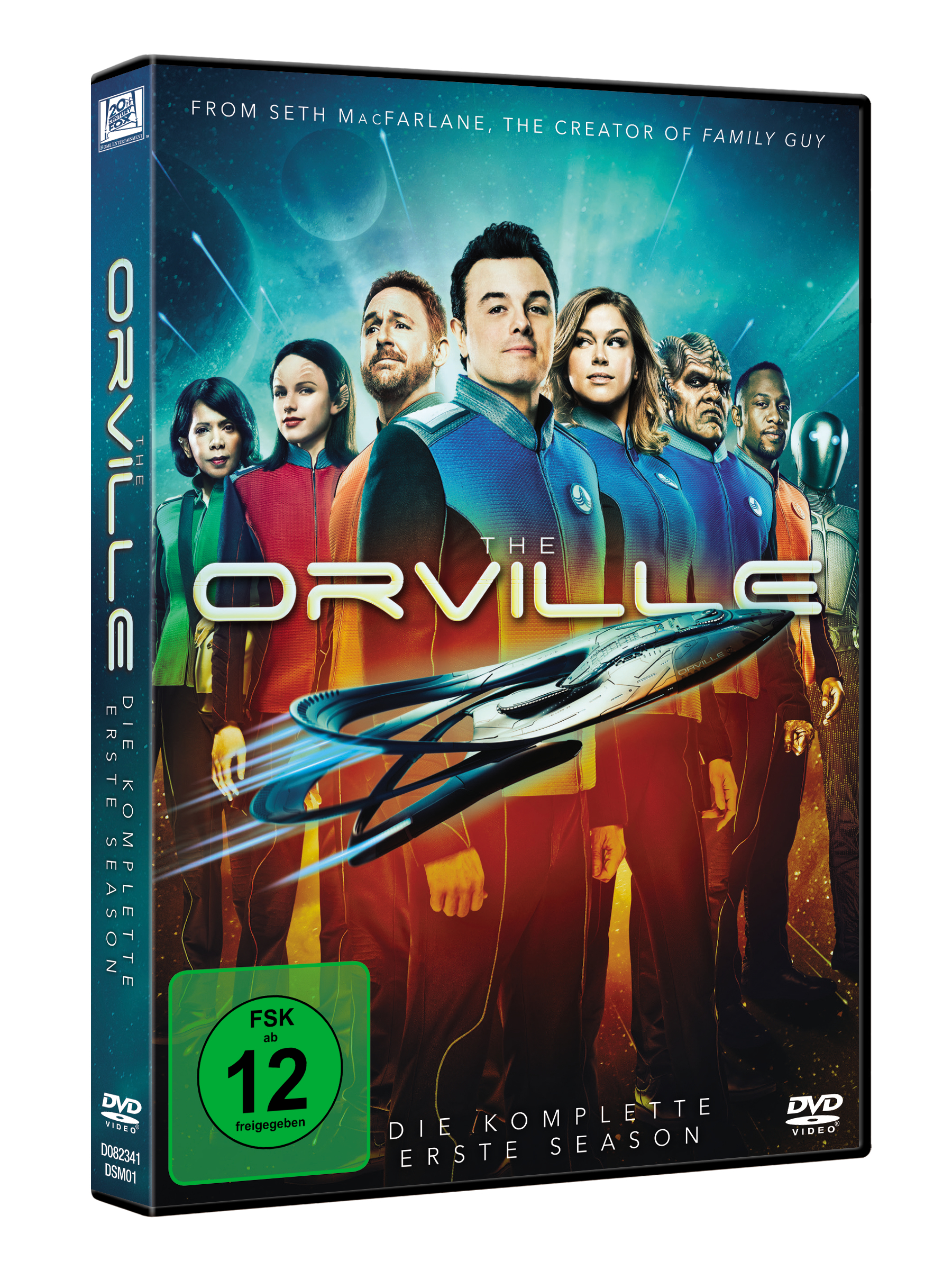 DVD-Cover von 'The Orville', mit der Besetzung in Uniform und einem Raumschiff.