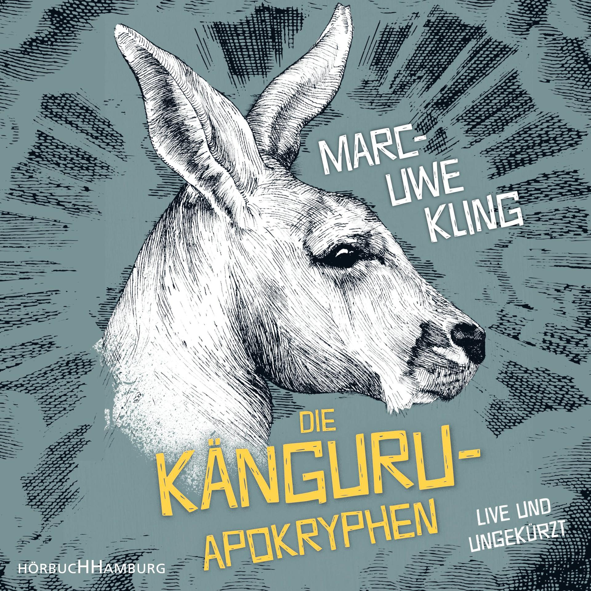 Eine Känguru-Kopfzeichnung mit Text: DIE KANGURU-APOKRYPHEN. Der Autor heißt Marc-Uwe Kling. Ein grauer Hintergrund.