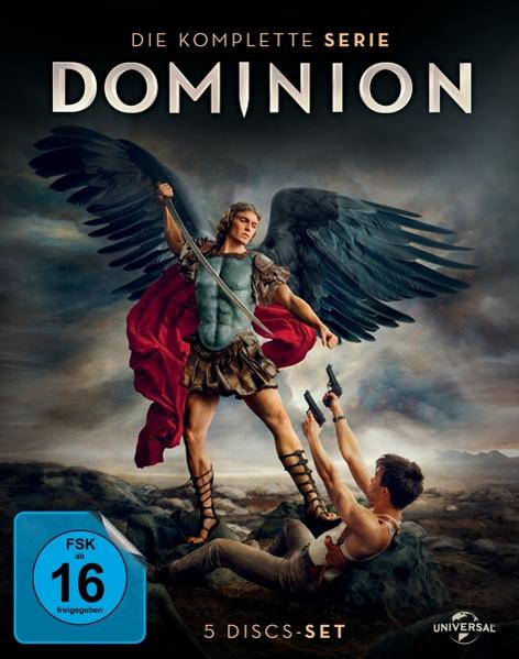 DVD-Cover für 'Dominion' mit einem Engel, der gegen einen Mann mit einer Waffe kämpft.