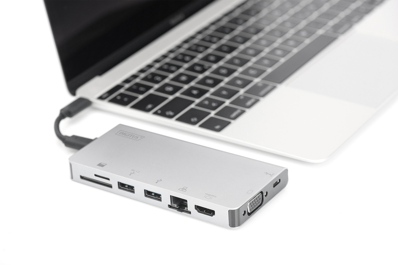 DIGITUS DA-70866 USB Typ-C, HDMI 4K UHD, VGA, USB-C, USB 3.0, RJ45, PD 3.0, Silber