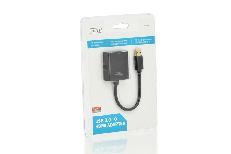Ein USB 3.0-zu-HDMI-Adapter in einer durchsichtigen Kunststoffverpackung. Der Adapter ist schwarz.