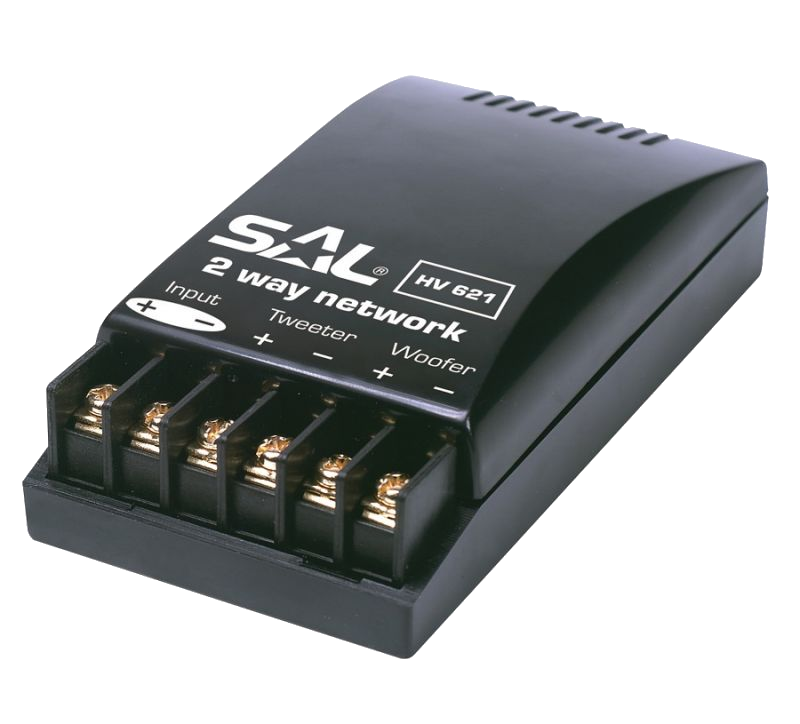 Fekete SAL 2-utas hálózati audio crossover. Bemeneti, magassugárzó és mélysugárzó csatlakozókkal.