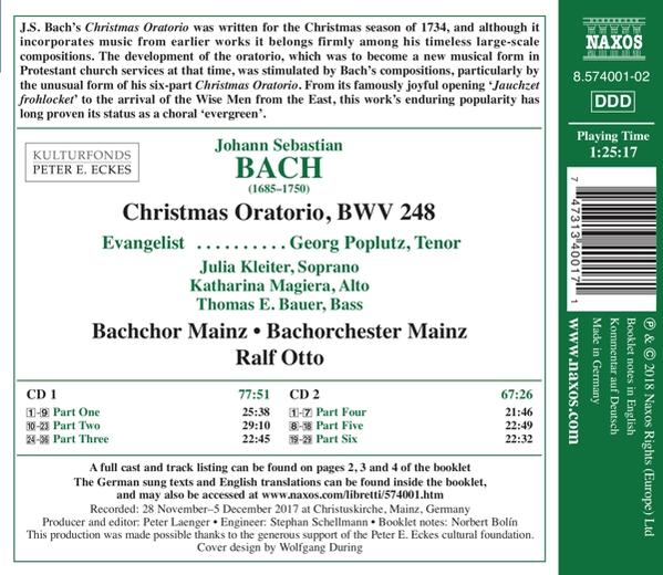 Rückseite einer CD. Text über Johann Sebastian Bachs Weihnachtsoratorium, mit Titellisten.
