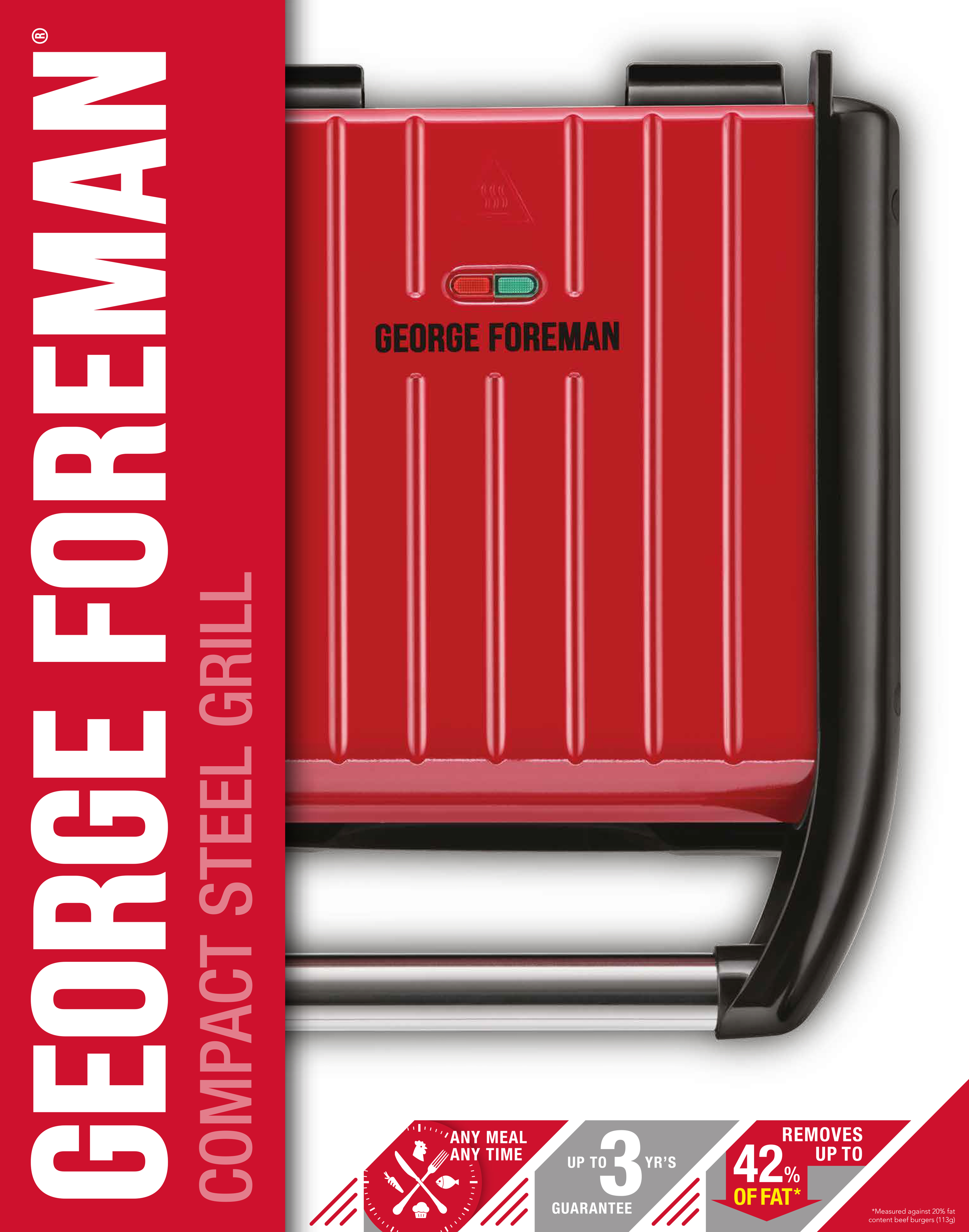 George Foreman grill. Piros és fekete, piros jelzőfénnyel.