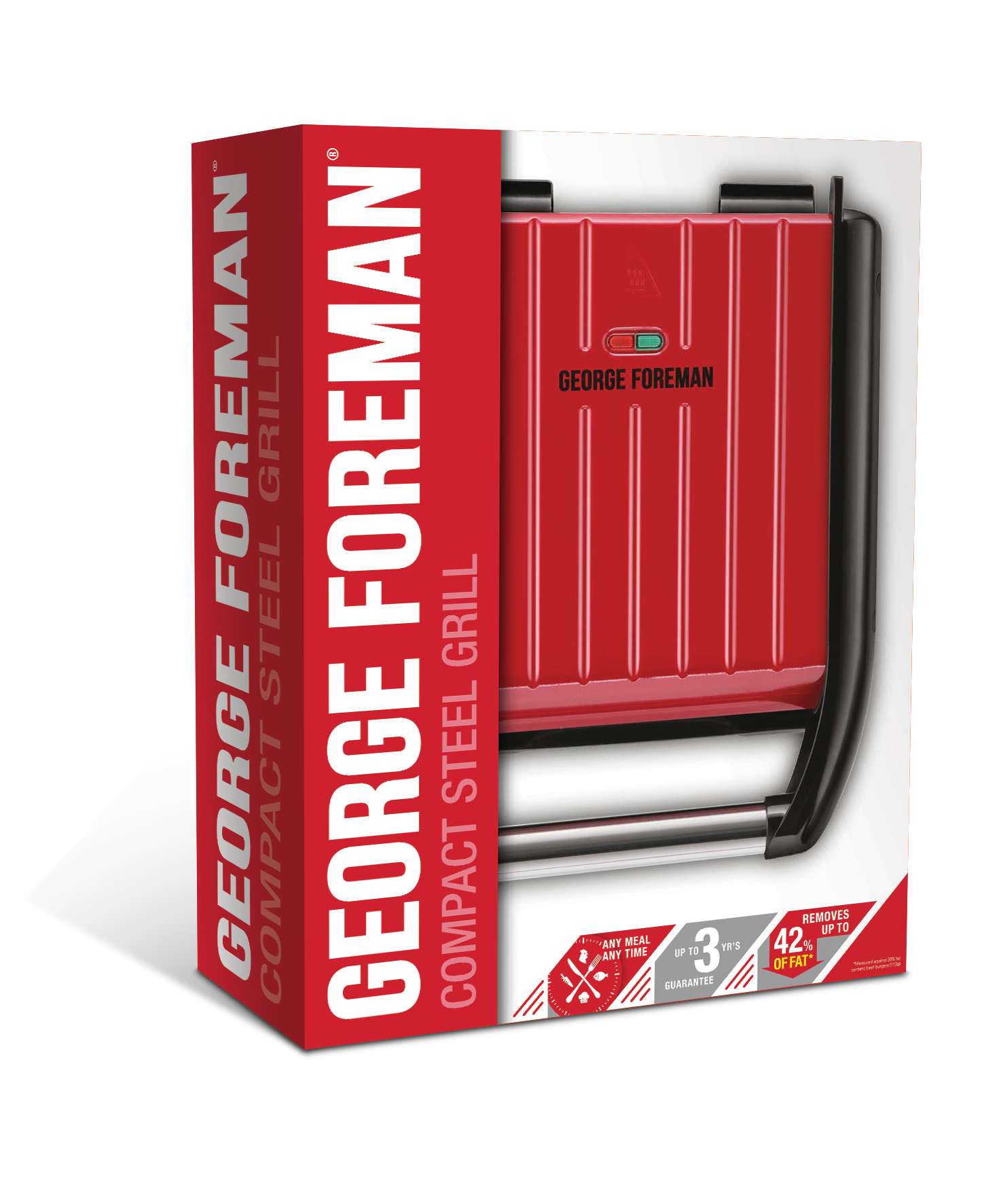 Piros-fekete George Foreman grill doboz. Szöveg és termékfotó látható. Kompakt acél grill.