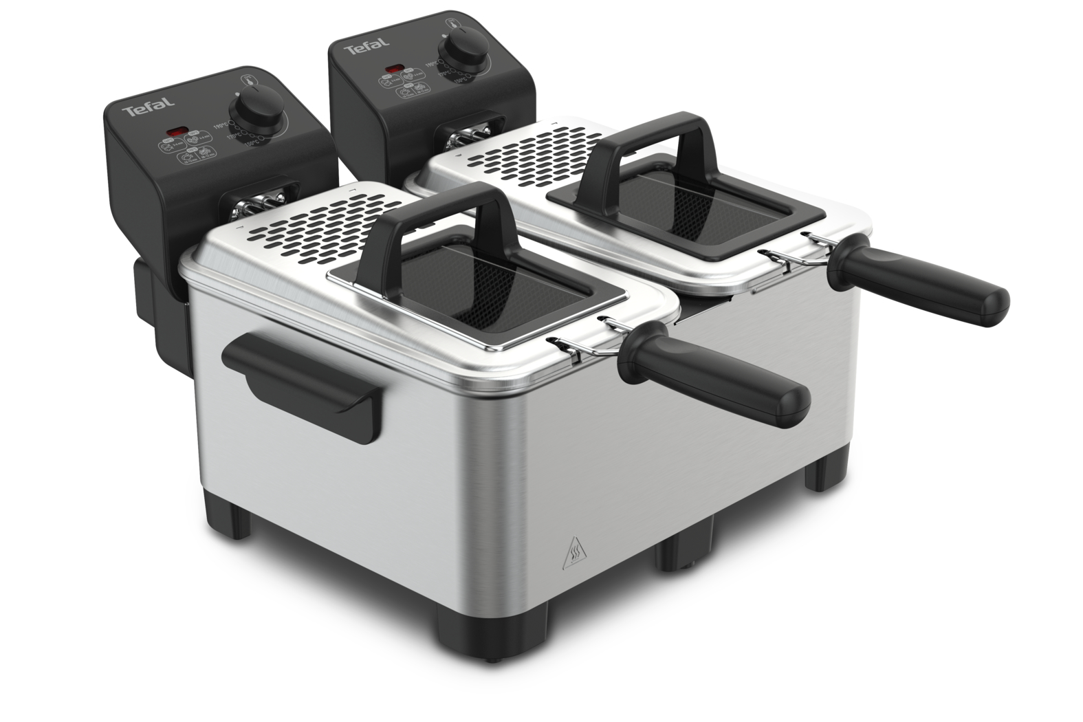 Two stainless steel Tefal deep fryers side-by-side with black handles and control panels.