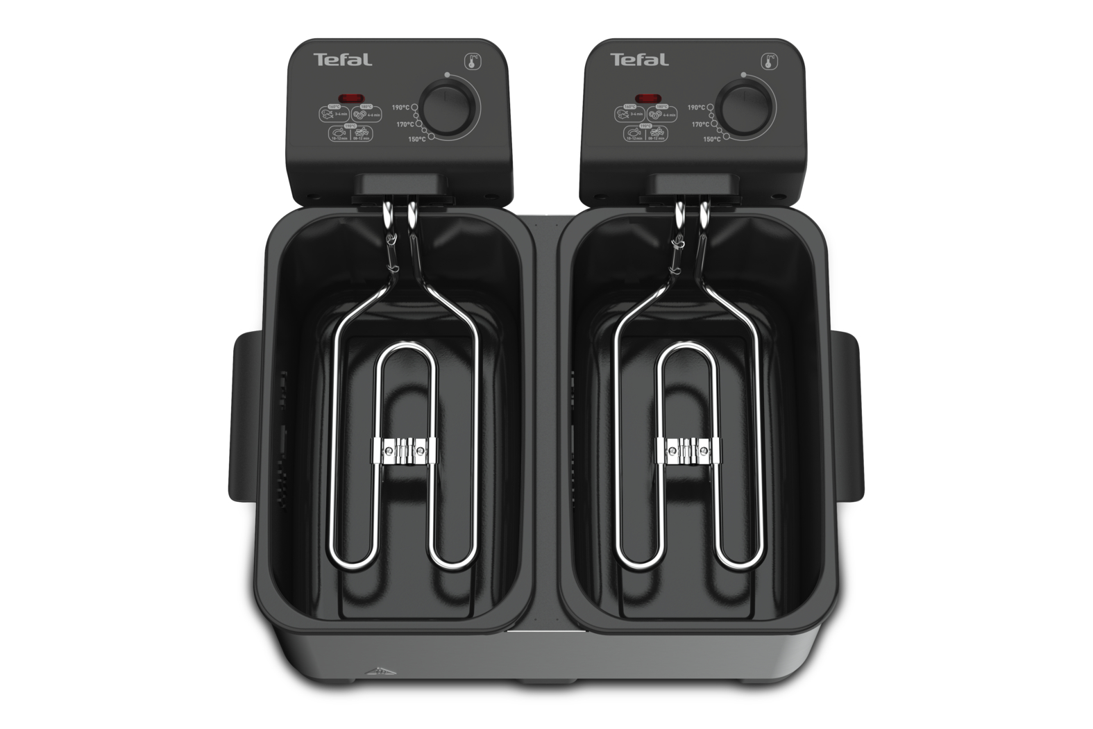 Dual-fryer with two black fryer baskets. Tefal logo is visible.
