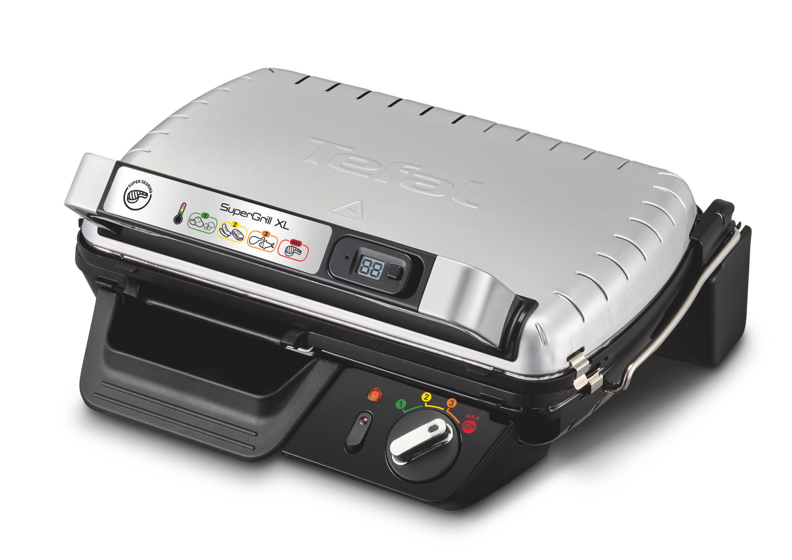 Silver and black Tefal SuperGrill XL. It has a digital display and temperature control settings.