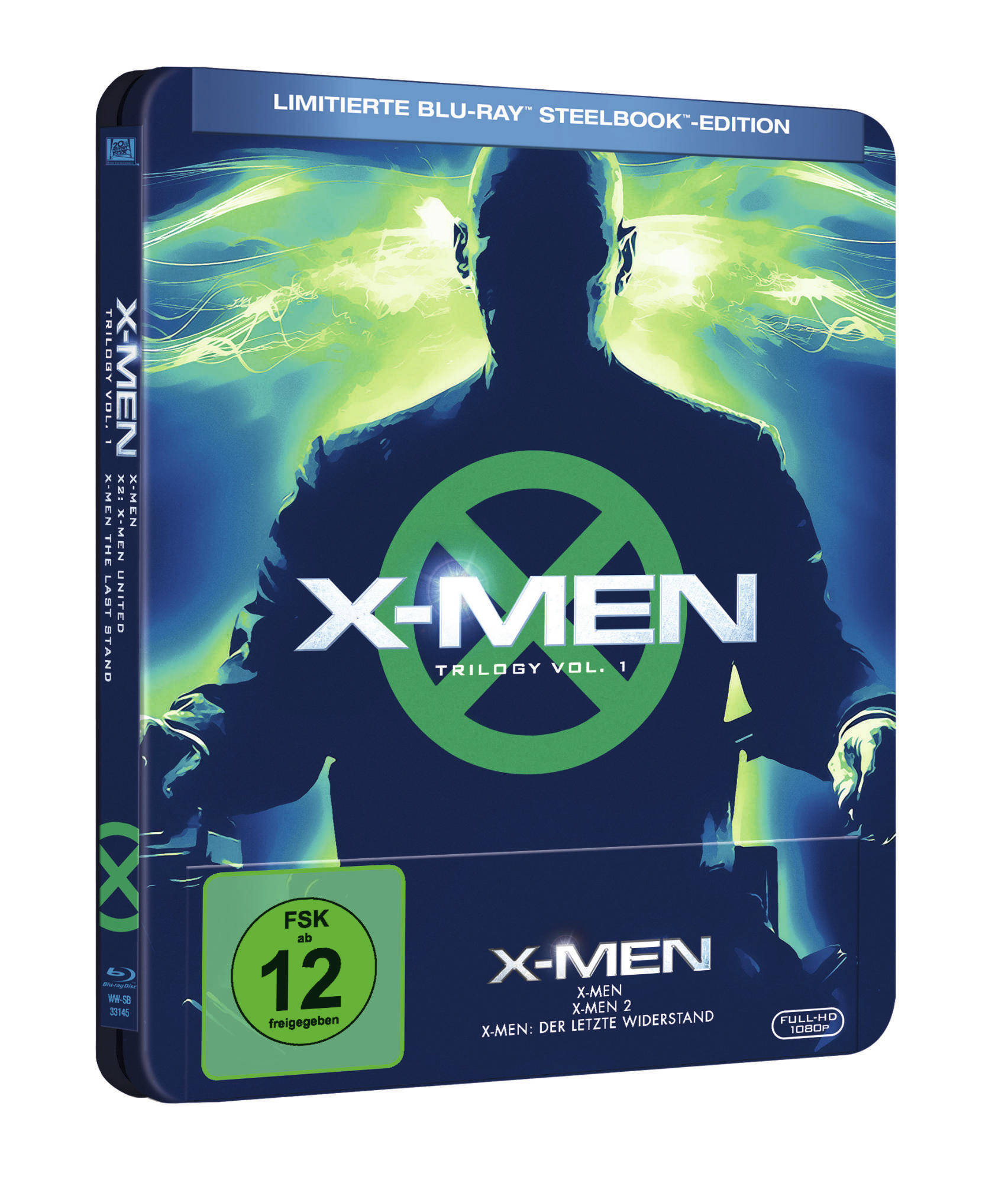 X-Men Trilogie Vol. 1 Blu-ray Steelbook Edition mit grünem Logo und Bewertung.