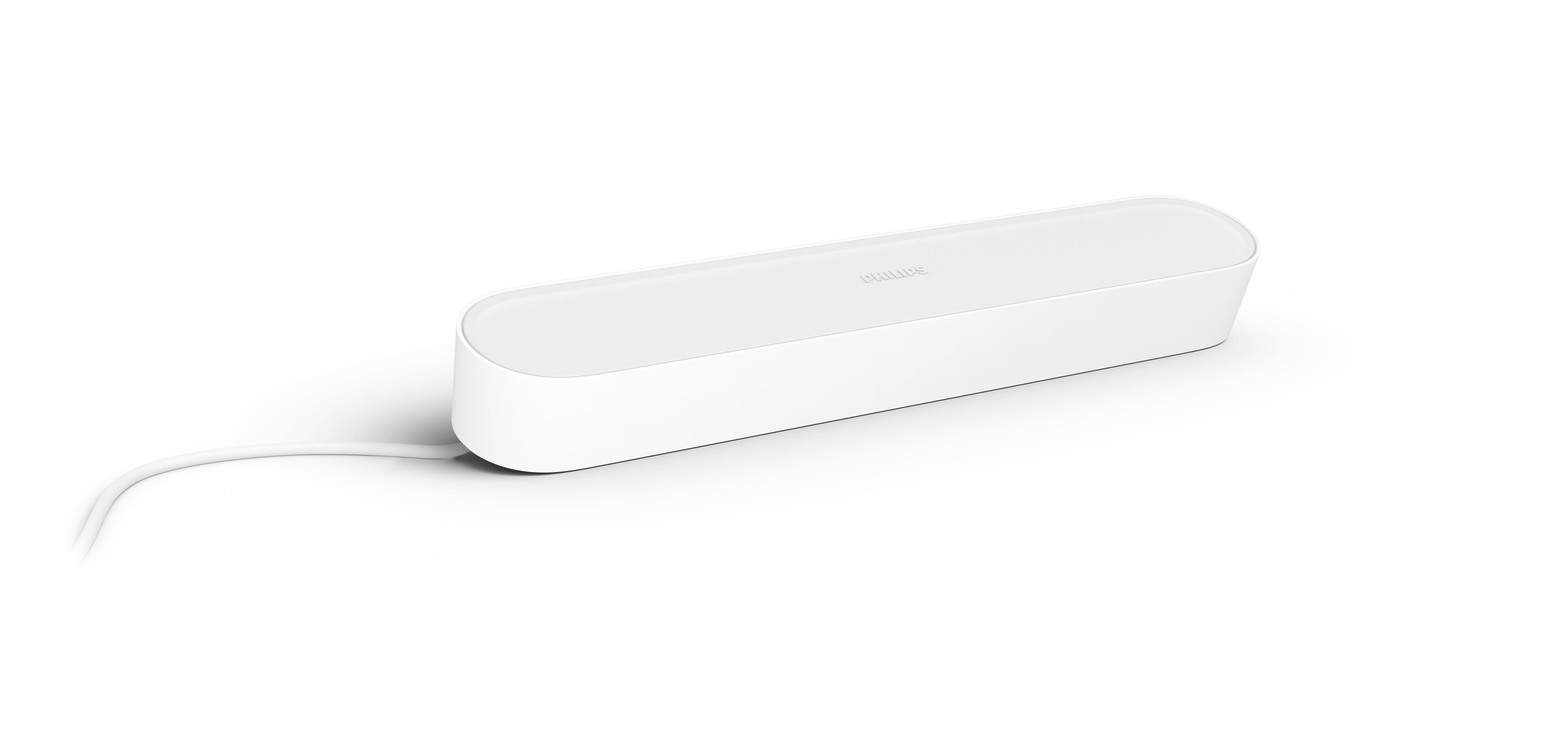 White Philips Hue light bar. The light is a white, rectangular shape with a thin cable.