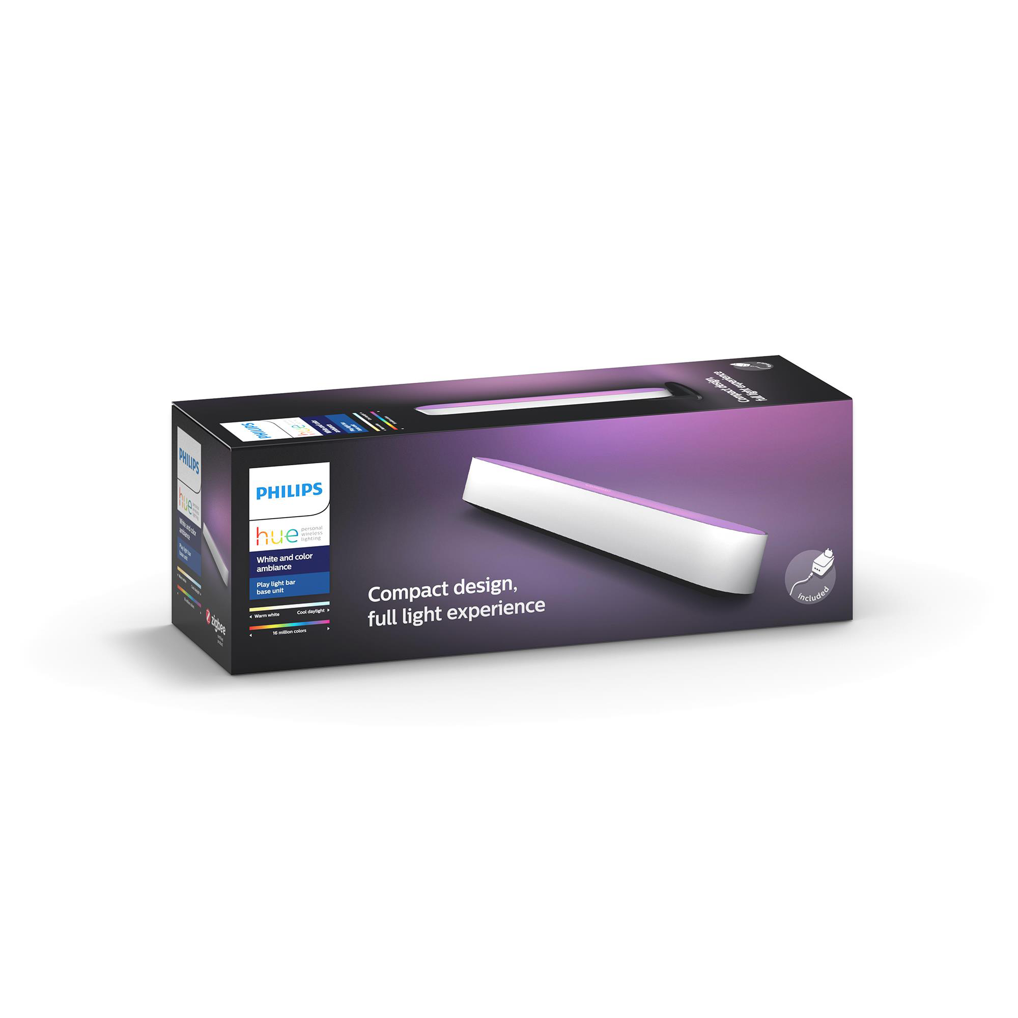 A Philips Hue Play light bar box, white and color, with a compact design.