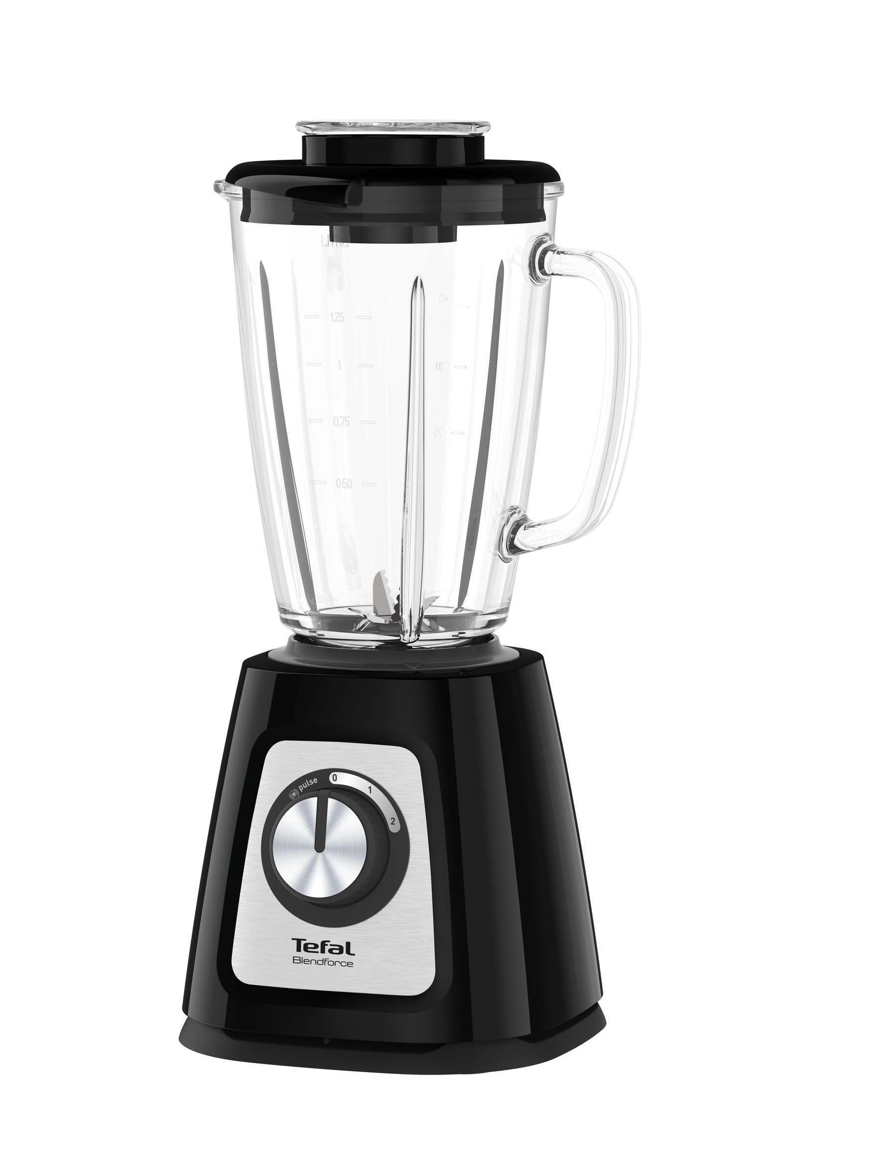 Black and clear blender with a black base and a glass pitcher.