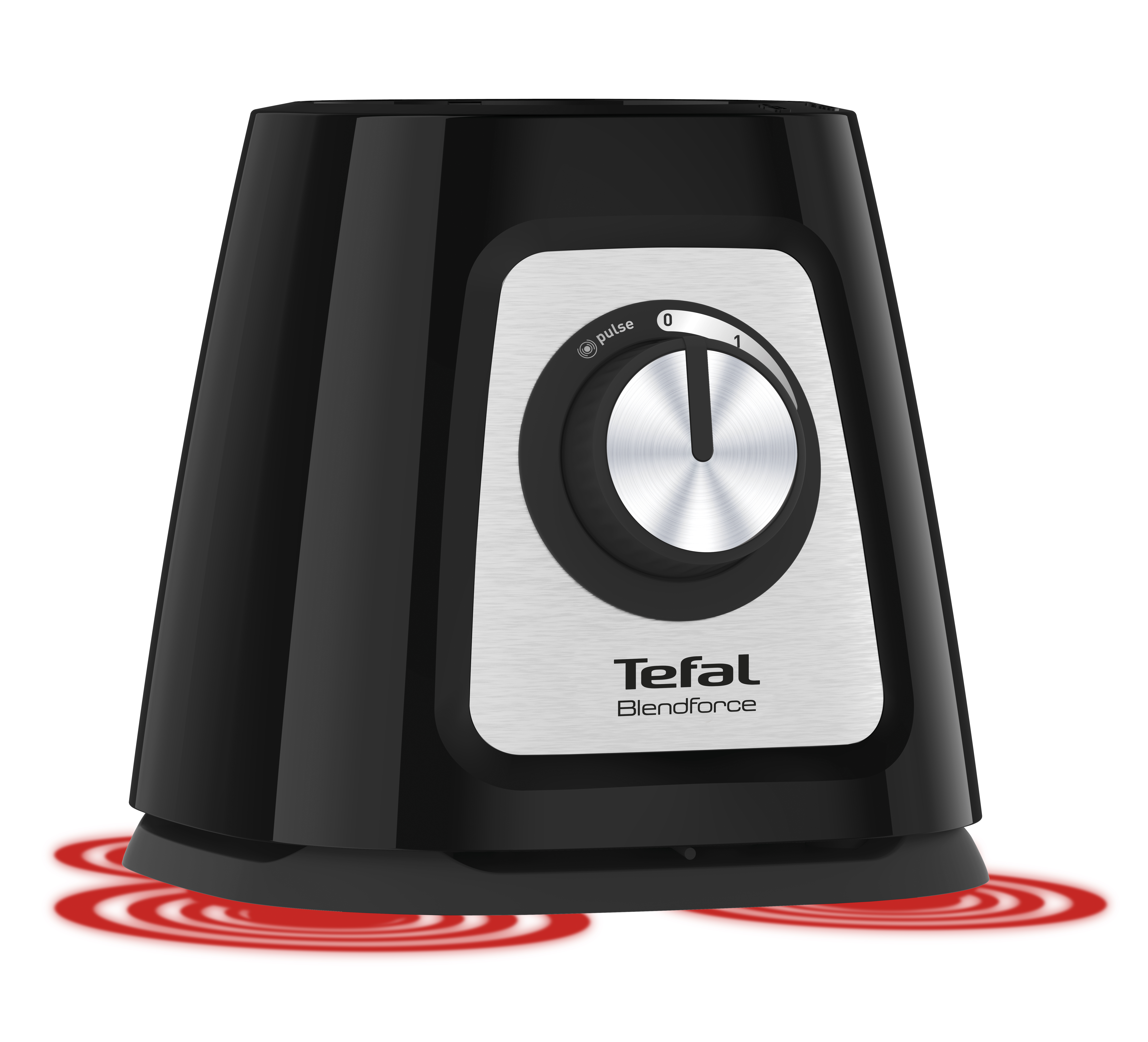 Black and silver Tefal Blendforce blender. It has a dial from 0 to 1 and a pulse button.