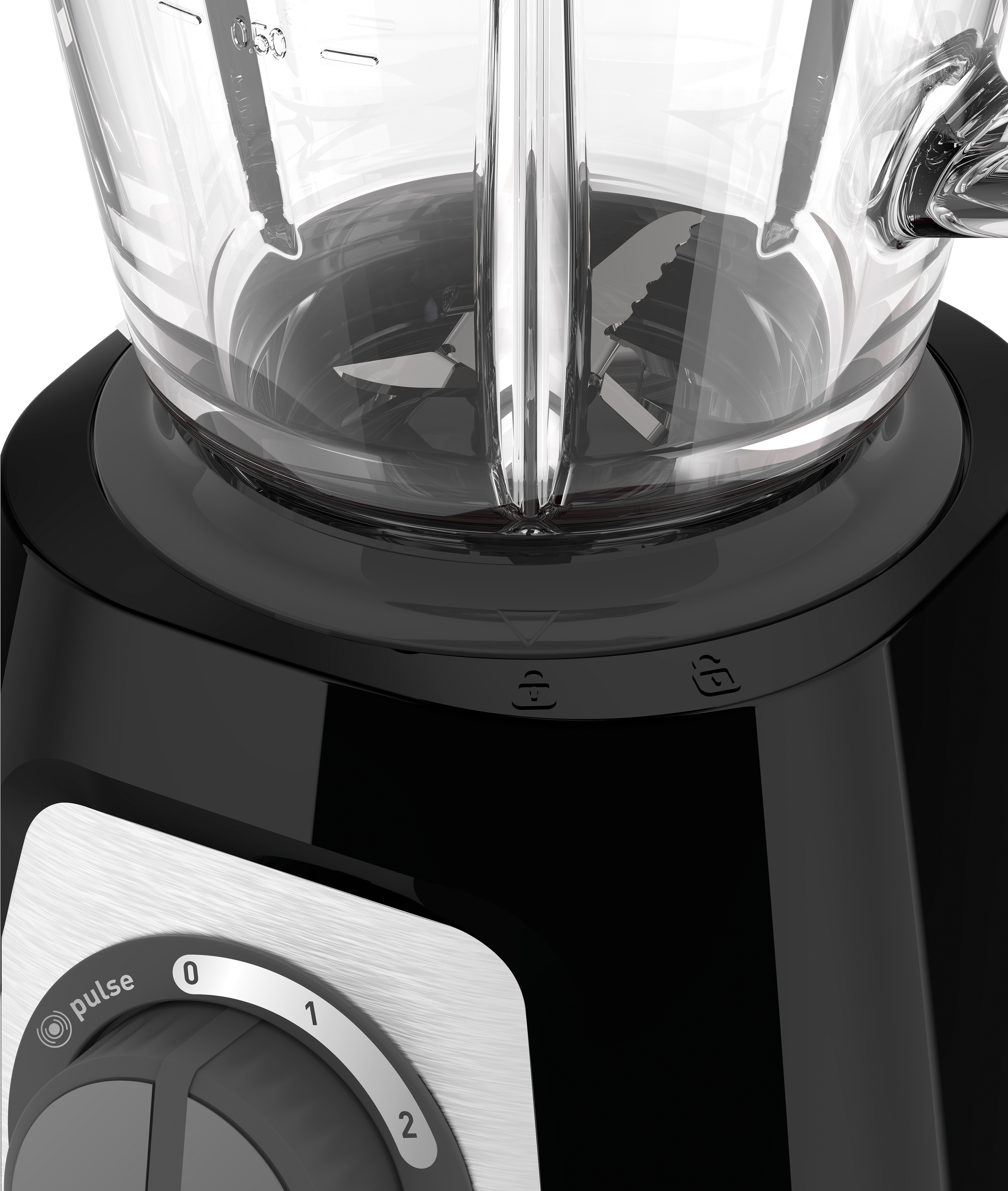Close up of a black blender base with a silver dial, and glass jar on top.