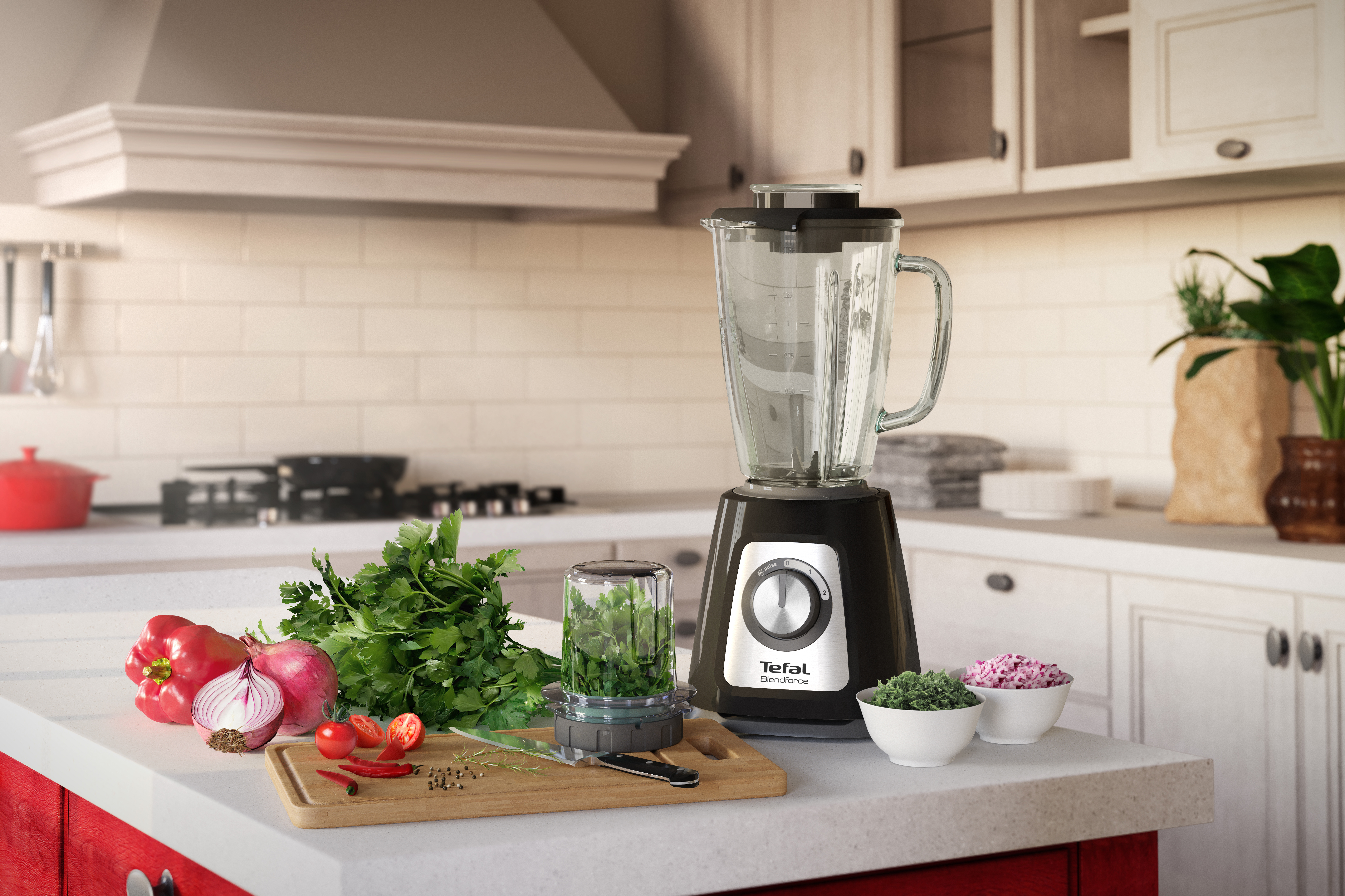 A kitchen scene with a blender, vegetables, and herbs on a counter. Background includes cabinets and oven hood.